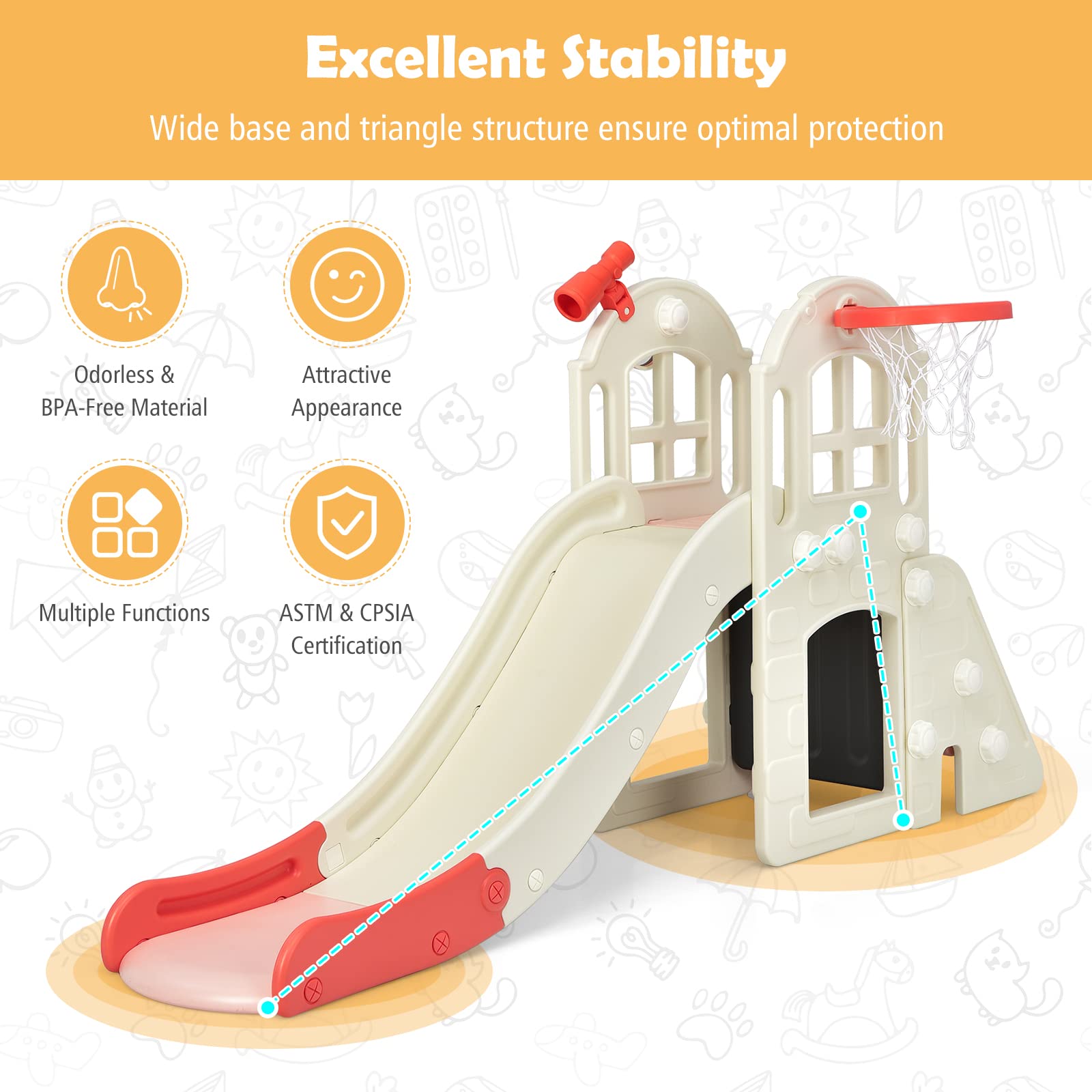 BABY JOY 6-in-1 Toddler Slide & Climber Set with Basketball Hoop & Ring Toss - Convertible Indoor/Outdoor Playground for Boys & Girls Ages 2-5 | Perfect Birthday Gift for Active Kids in Backyard, Playroom or Daycare