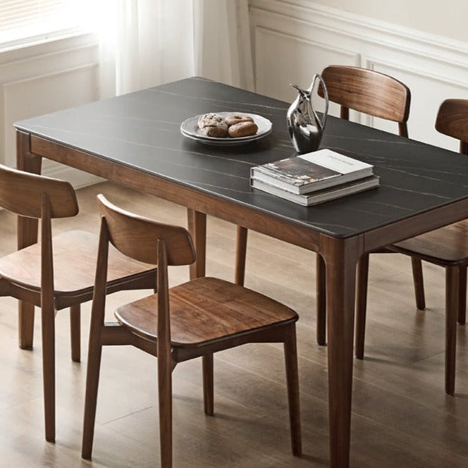 Premium Black Walnut Wood Dining Table with Natural Slate Stone Top - Elegant Farmhouse Style for Dining Room, Kitchen, or Rustic Home Decor