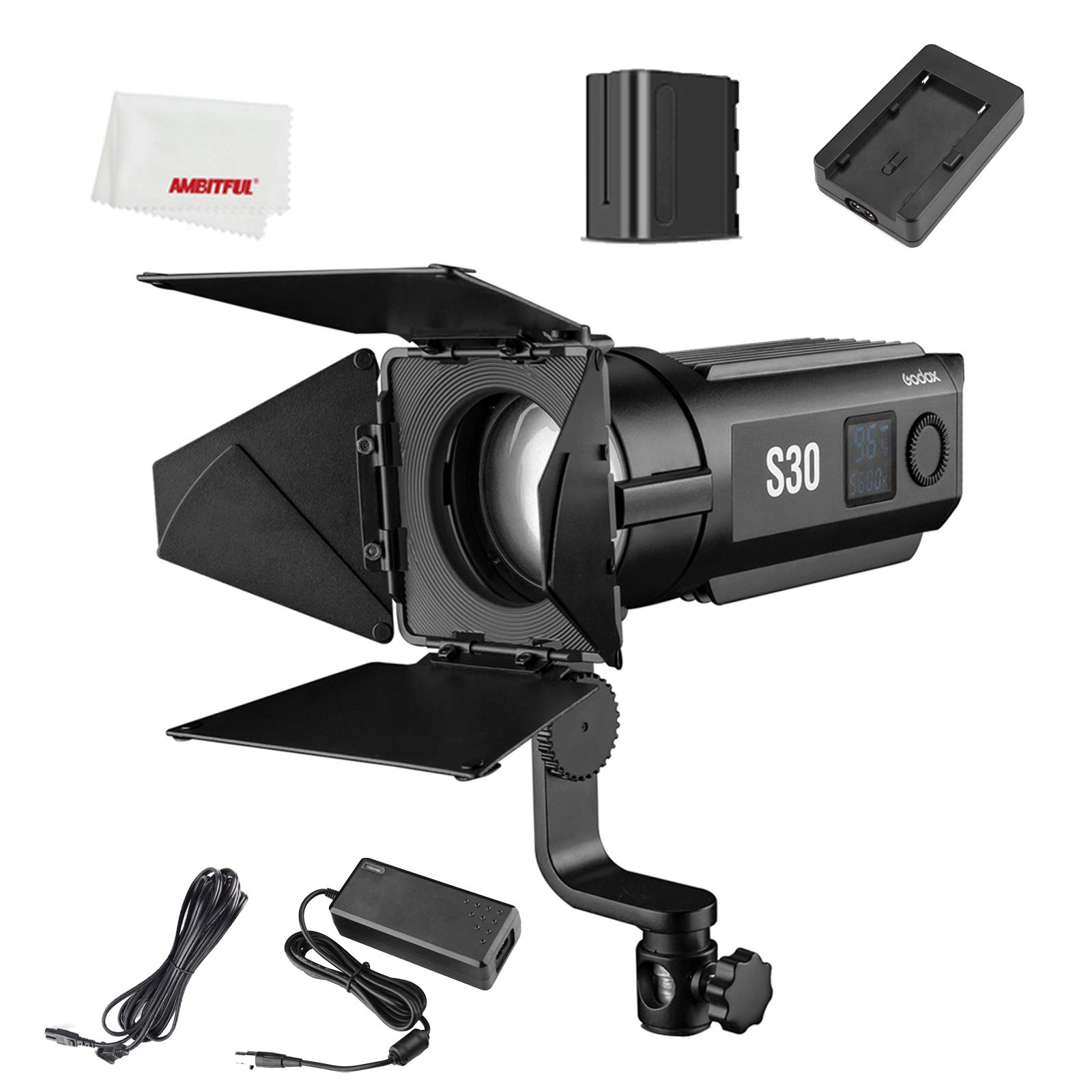 Godox S30 30W LED Spotlight with Adjustable Focus & Barn Door - NP970 Battery Powered - Professional Photography Lighting for Studio, Portrait & Product Shoots