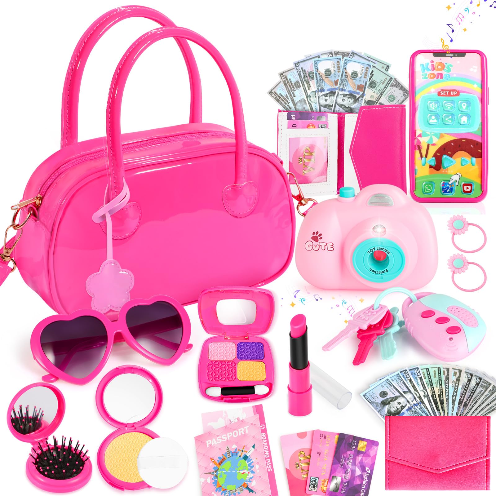 INNOCHEER Little Girls Purse - Hot Pink Patent Leather Play Purse for Toddlers & Kids Ages 3-8 | Flower Girl Gift, Pretend Play Toy for Birthday & Dress Up | Perfect for Tea Parties, Role Play & Special Occasions