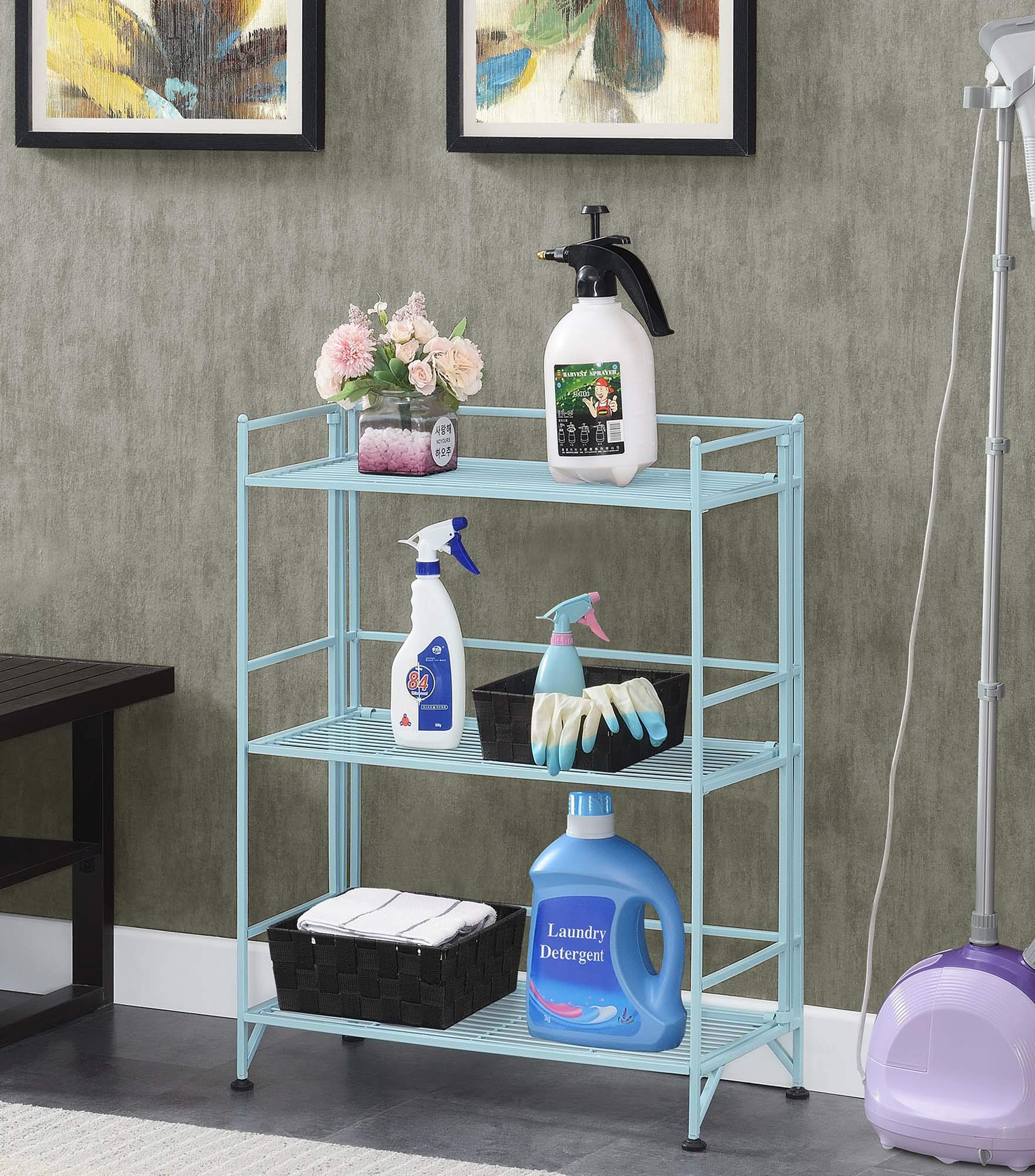 3-Tier Wide Folding Metal Storage Shelves - Space Saving Closet Organizer for Bedroom, Bathroom, Kitchen & Garage | Heavy Duty Xtra Storage Shelves by Convenience Concepts | Perfect for Home Organization, Laundry Room & Office Storage Solutions