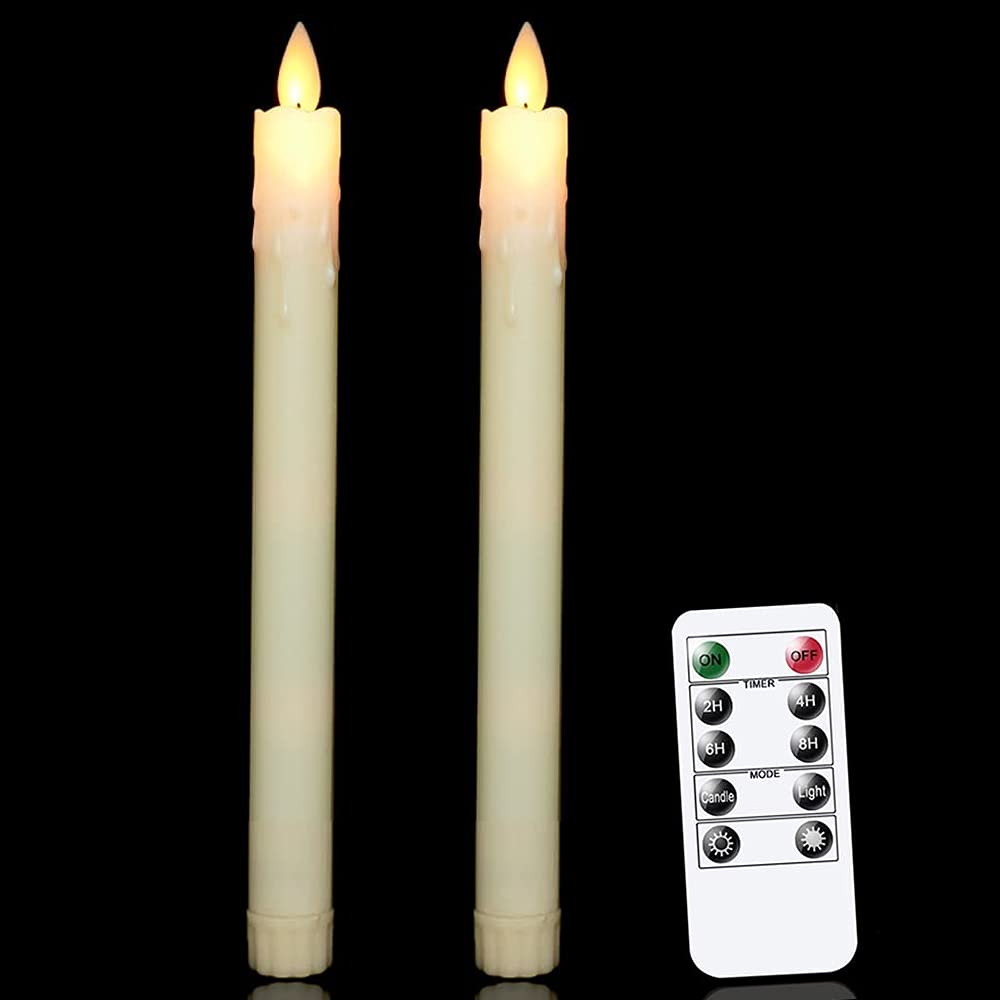 Ernon Flameless Taper Candles with Remote & Timer - Battery Operated LED Flickering Candles with Moving Wick for Christmas Decor, Dinner Table Centerpiece, Party, Wedding, Home Decor - Set of 2 Yellow Candles - Perfect for Holiday Lighting, Romantic Dinners & Special Occasions