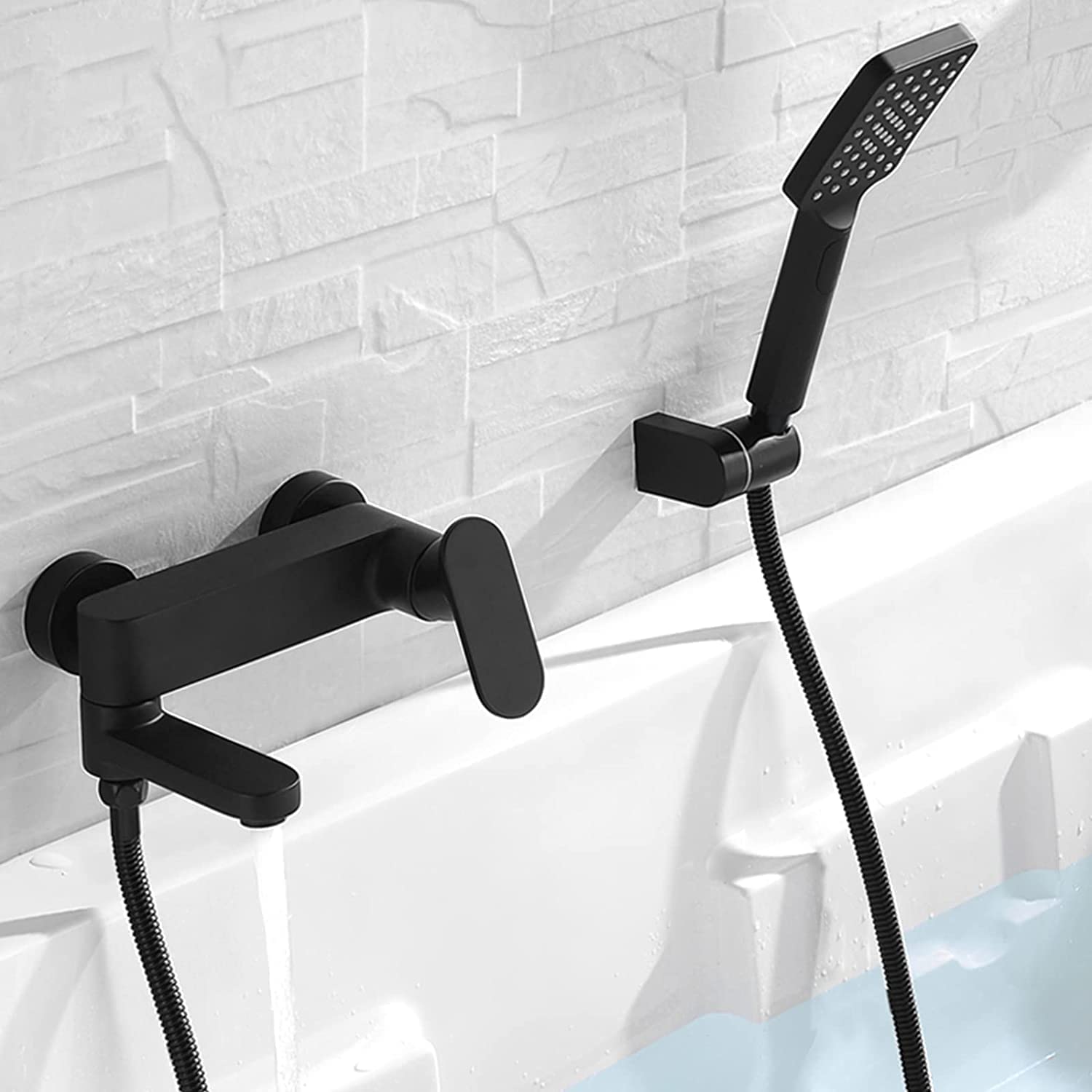 Premium Black Brass Bathroom Shower Faucet Set with Swivel Spout & Handheld Showerhead - Wall Mounted Hot/Cold Bathtub Mixer Tap for Modern Bathroom & Spa Experience