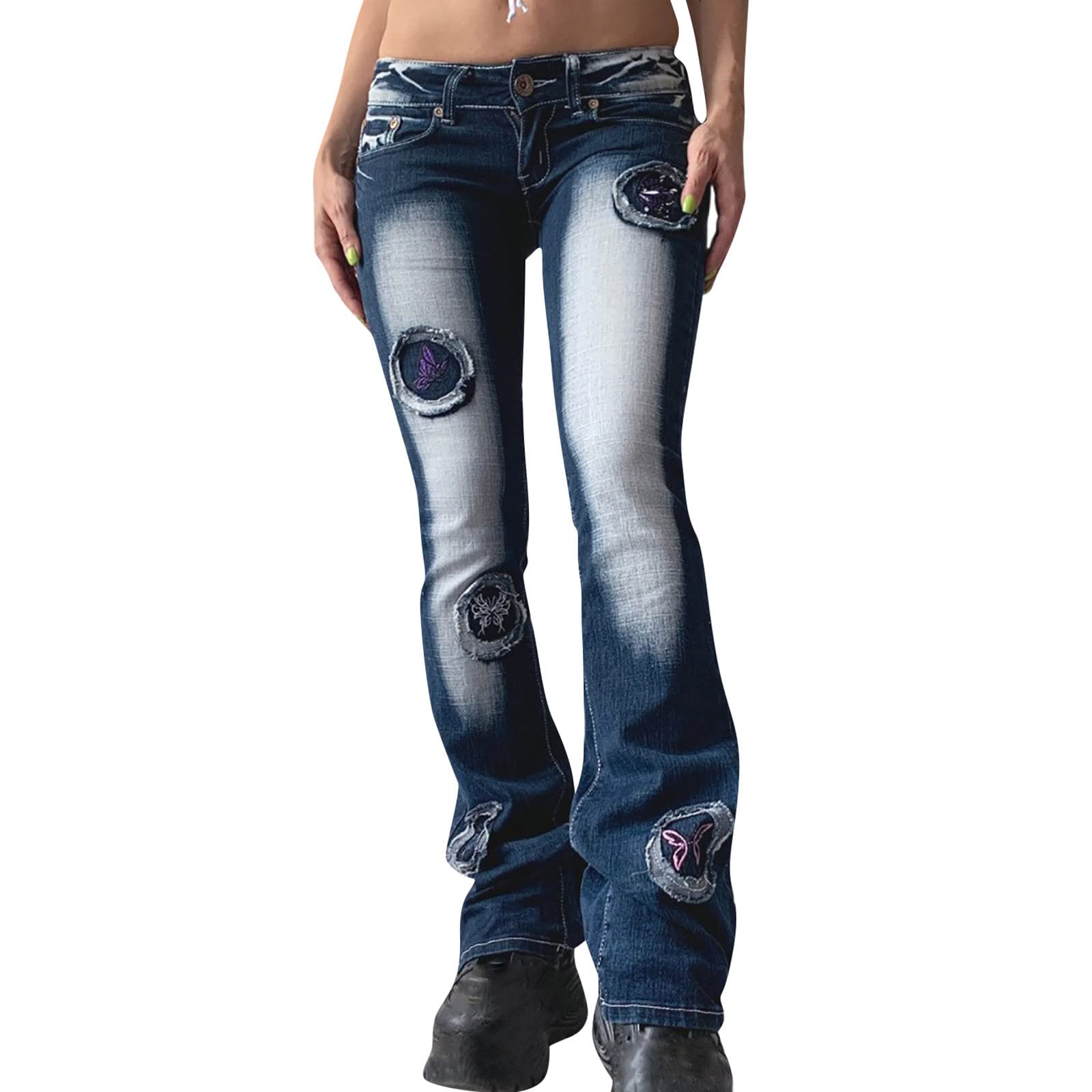 BmkBWO Women's High Waisted Butterfly Embroidery Boyfriend Jeans - Stretchy Bootcut Denim Pants for Casual & Date Night Outfits | Fashionable Comfort for Everyday Wear