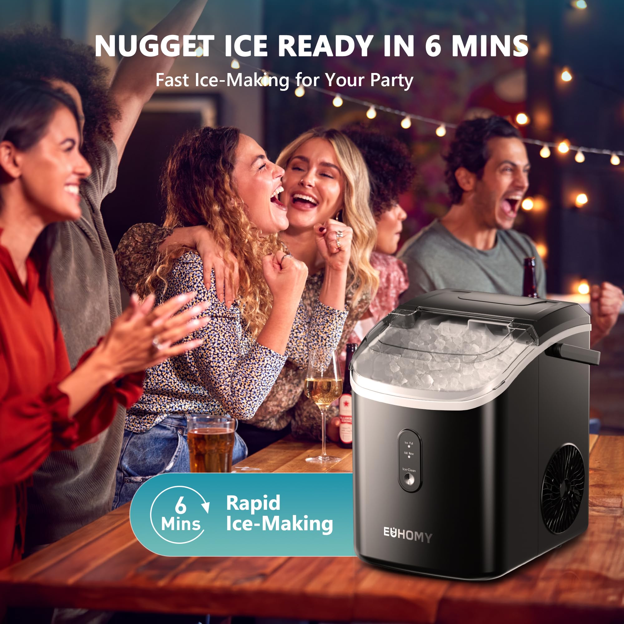EUHOMY Portable Countertop Nugget Ice Maker - 34lbs/Day, Ready in 6 Minutes, Auto-Cleaning with Removable Top Cover - Includes Ice Basket & Scoop - Perfect for Home, Office, RV, Camping & Parties (Black)