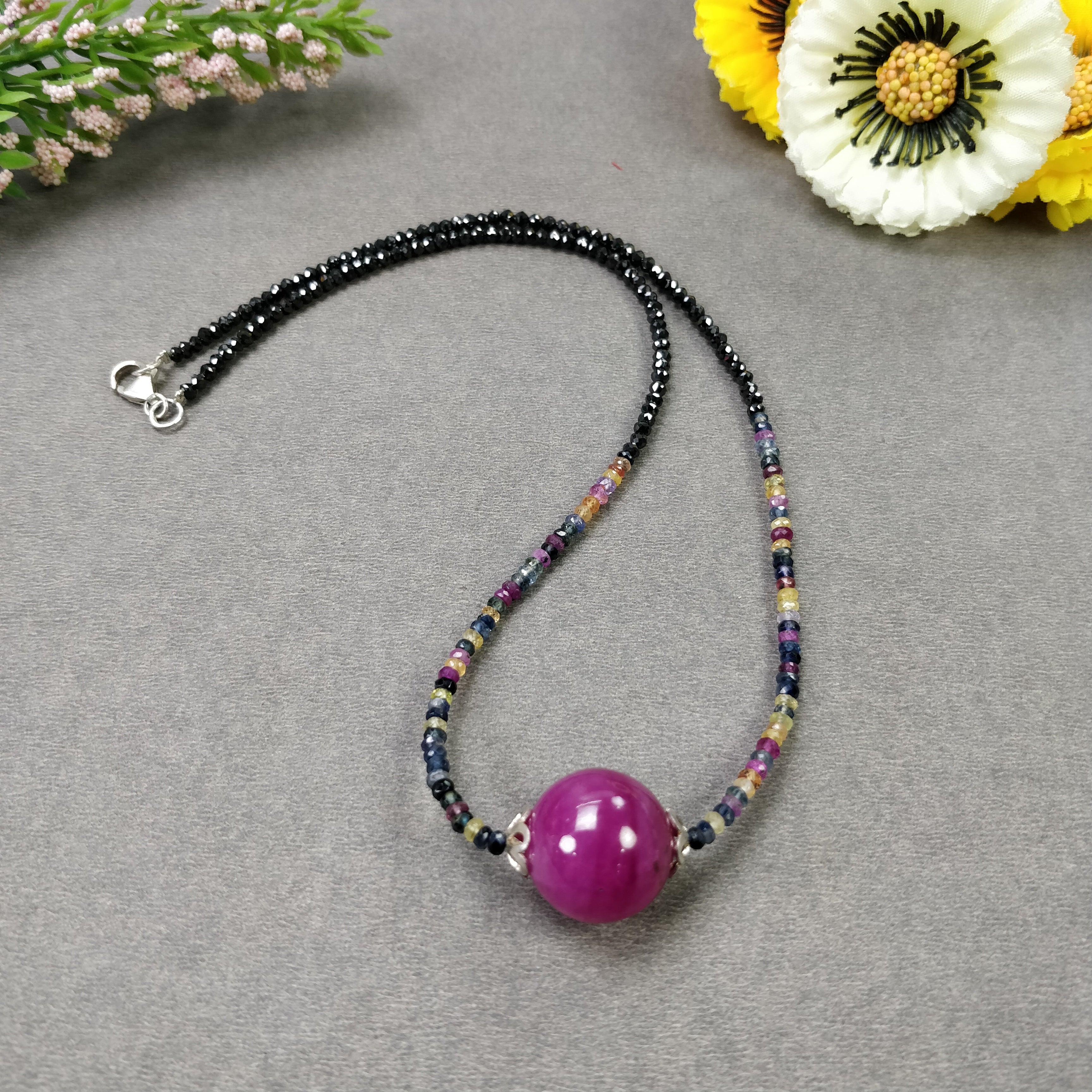 925 Sterling Silver Gemstone Beads Necklace - 17 Natural Multi Sapphire & Ruby Ball Pendant Beaded Chain for Women | Elegant Jewelry Gift for Her | Perfect for Weddings, Parties & Special Occasions