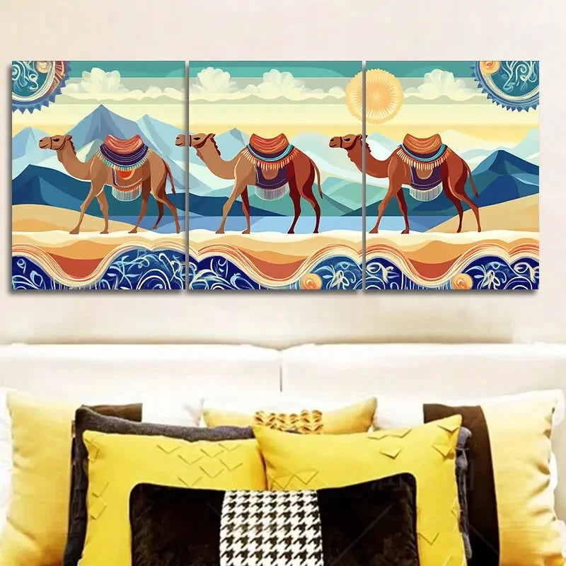3-Piece Caravan of Camels Wall Art Set - Framed Canvas 40x60cm (16x24in) - High Quality Australian Made Prints - Ready to Hang Desert Theme Decor for Living Room, Bedroom or Office