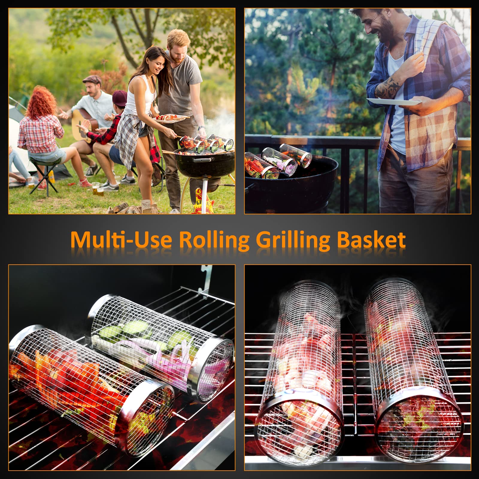 Premium Stainless Steel Grill Basket Set of 2 - Heavy Duty Rectangular BBQ Grill Accessories for Fish, Shrimp, Meat & Vegetables - Dishwasher & Oven Safe - Perfect for Backyard BBQs, Camping Trips & Outdoor Cooking