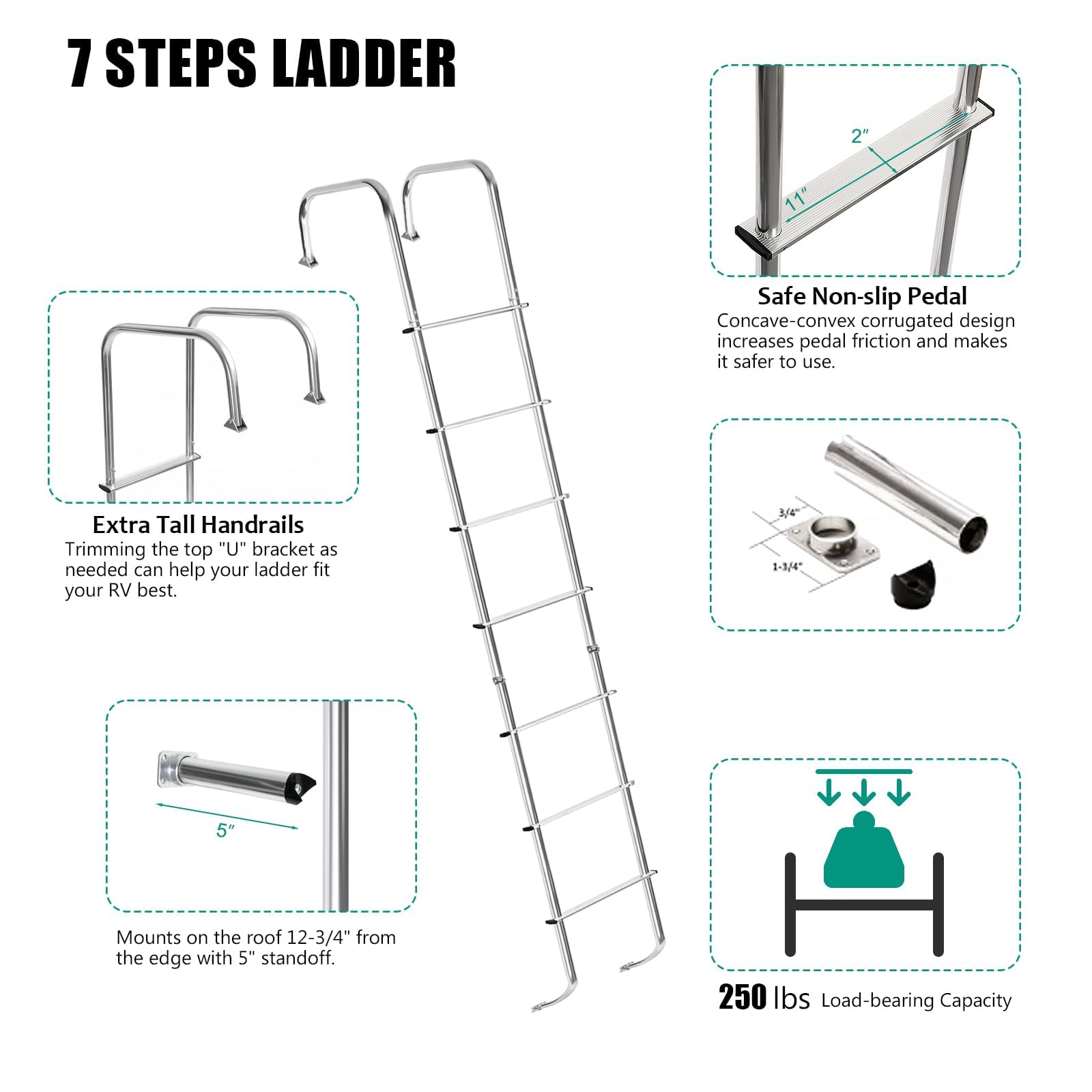 Universal 7.6FT-8.4FT Aluminum RV Ladder for Travel Trailers & Straight Vans - 250lbs Weight Capacity - Durable Exterior Ladder for Camping, Roof Access & Emergency Use