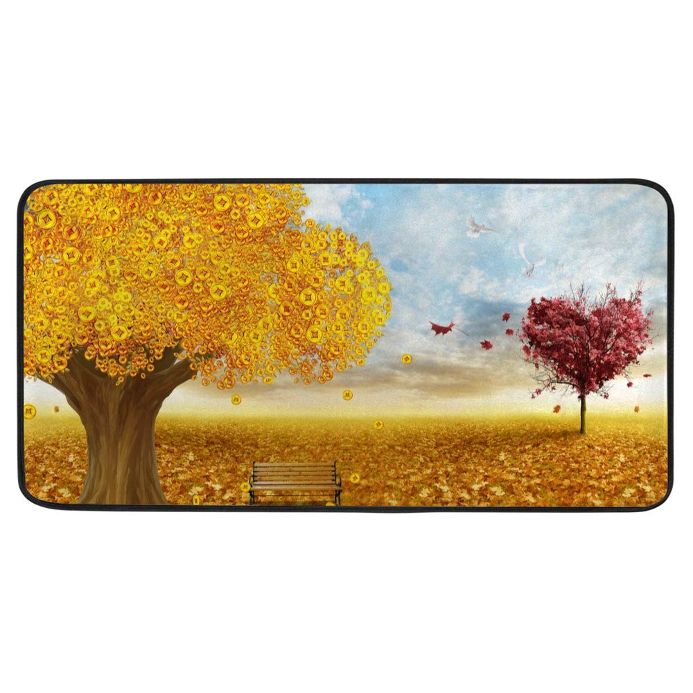 Non-Slip Kitchen Rugs - Anti-Fatigue Cushioned Floor Mats for Sink, Office & Laundry | Golden Money Tree Autumn Leaves Design | Water Absorbent Area Rugs for Balcony, Porch & Home Decor | 39x20 Inch | Perfect for High-Traffic Areas & Comfortable Standing