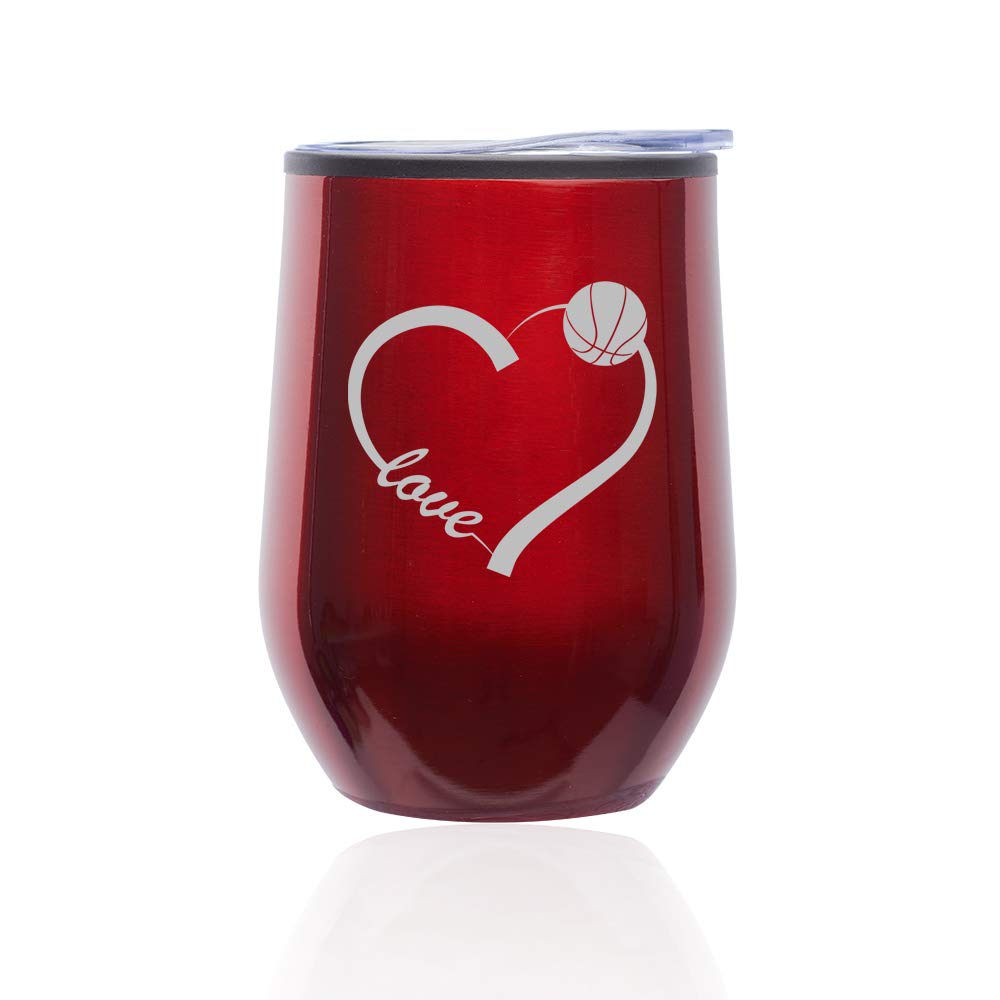 Stemless Wine Glass Tumbler with Lid - Insulated Coffee Travel Mug for Hot & Cold Drinks - Heart & Basketball Design (Red) - Perfect for Gifts, Parties, Home, Office, and Outdoor Use