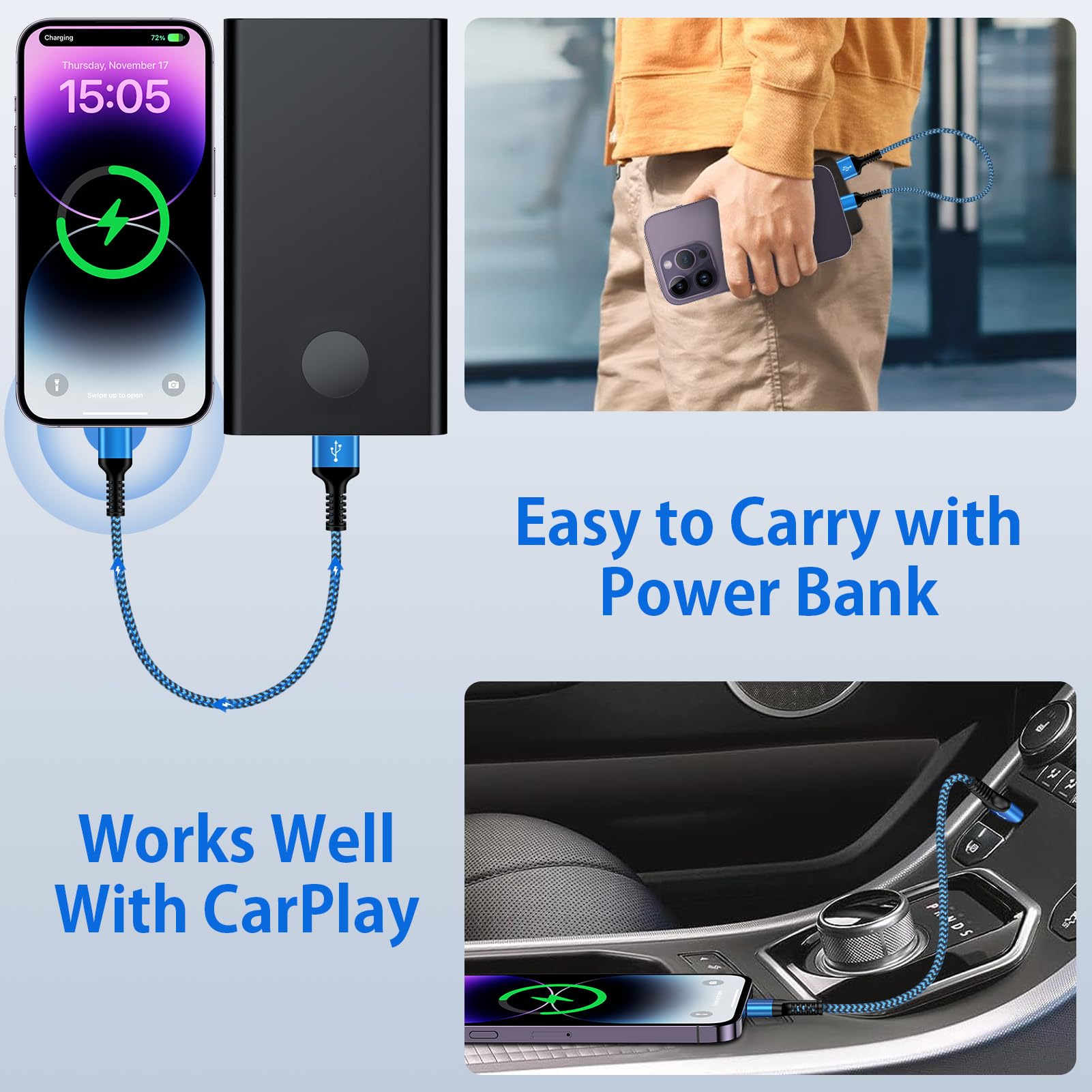 2-Pack 30CM Short MFi Certified Lightning Cable - Fast Charging USB to Lightning Cable for iPhone 14/13/12/11/Pro Max/XR/X/8/7/6/5/SE - Perfect for Travel, Car & Bedside Charging