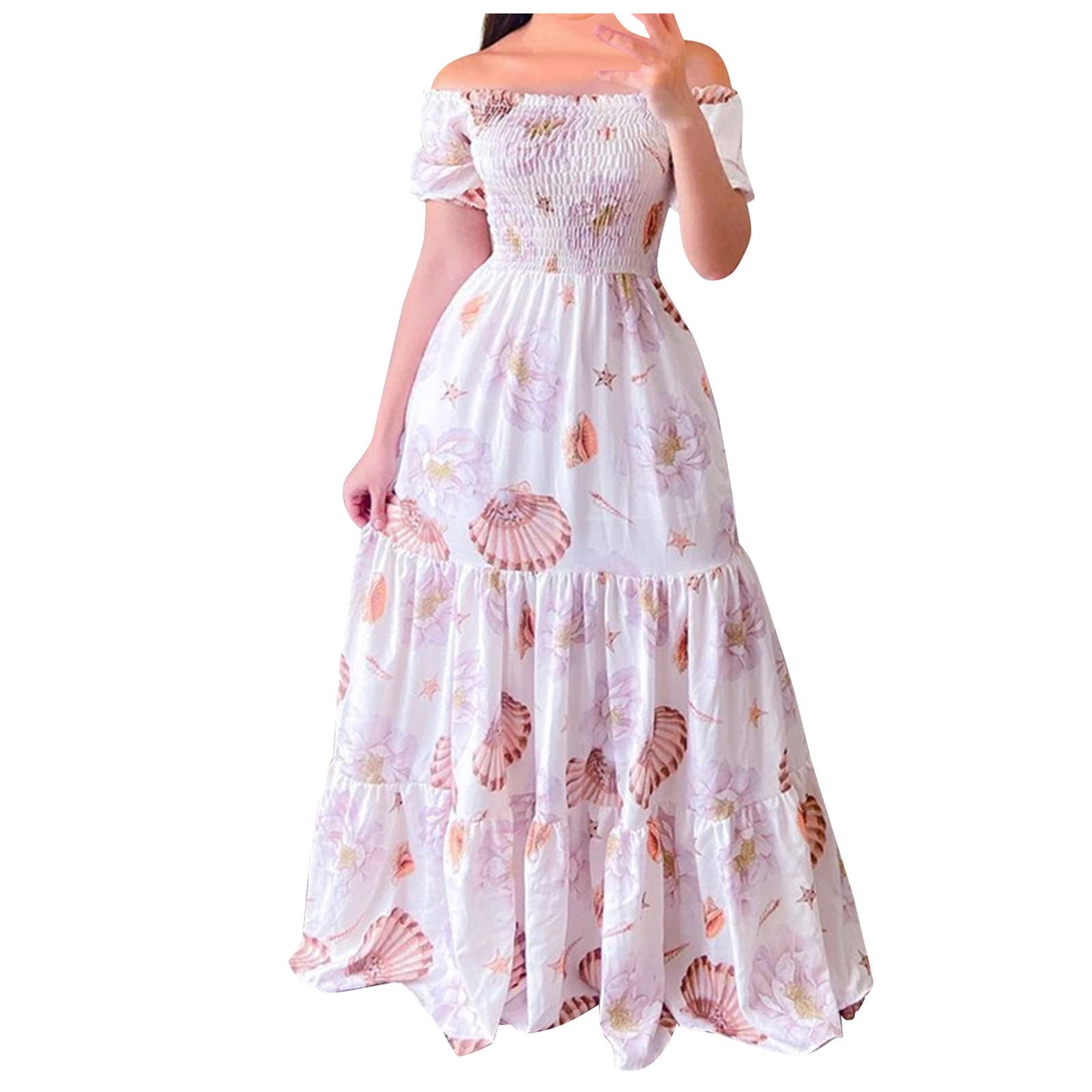 Women's Floral Print Wrap Maxi Dress - Sexy Drop Shoulder Short Sleeve Summer Dress with Elastic Waist & Patchwork Design | Perfect for Beach Vacation, Date Night and Casual Outings