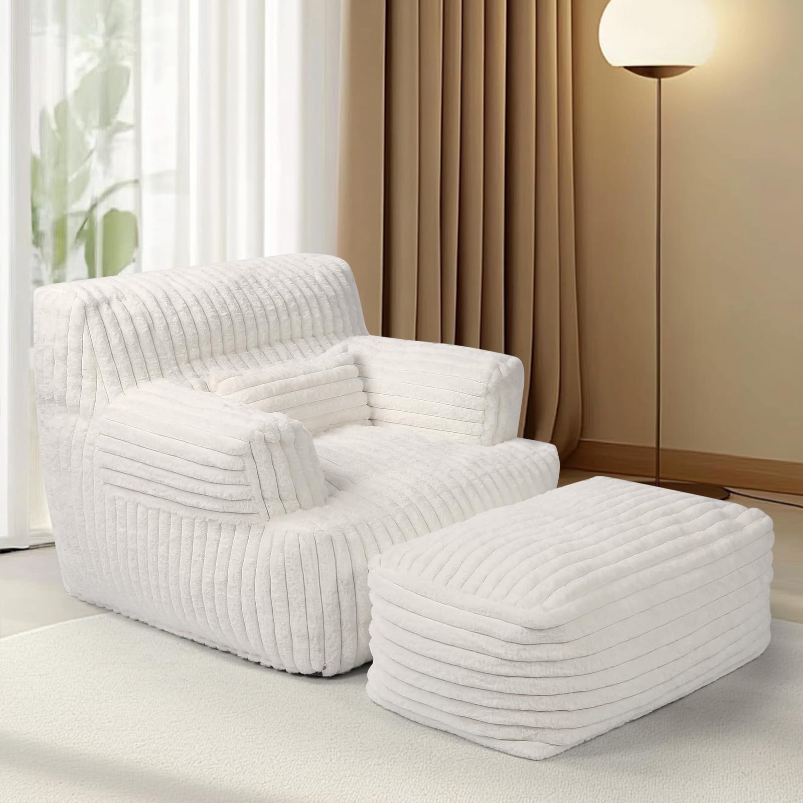 Giant Bean Bag Chair for Adults - Oversized Bean Bag Sofa with Ottoman, Ultra Soft & Comfy Reading Chair for Dorm, Living Room & Bedroom (Cream) | Perfect for Relaxing, Gaming & Movie Nights