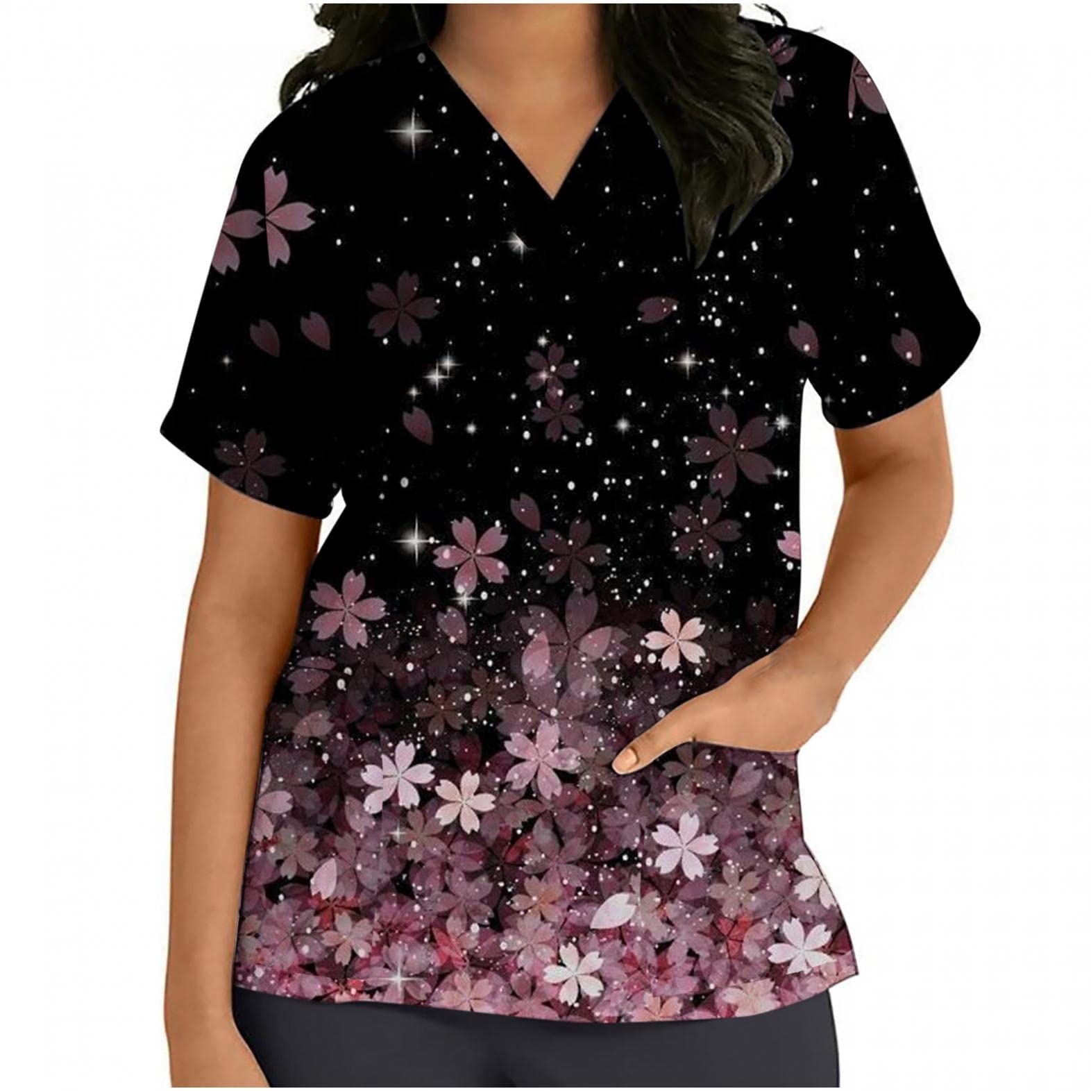 Women's Loose Fit Short Sleeve Tops - Floral Print V-Neck Casual Workwear with Pockets | Stretchy Spandex Summer Blouses for Office & Outdoor Activities