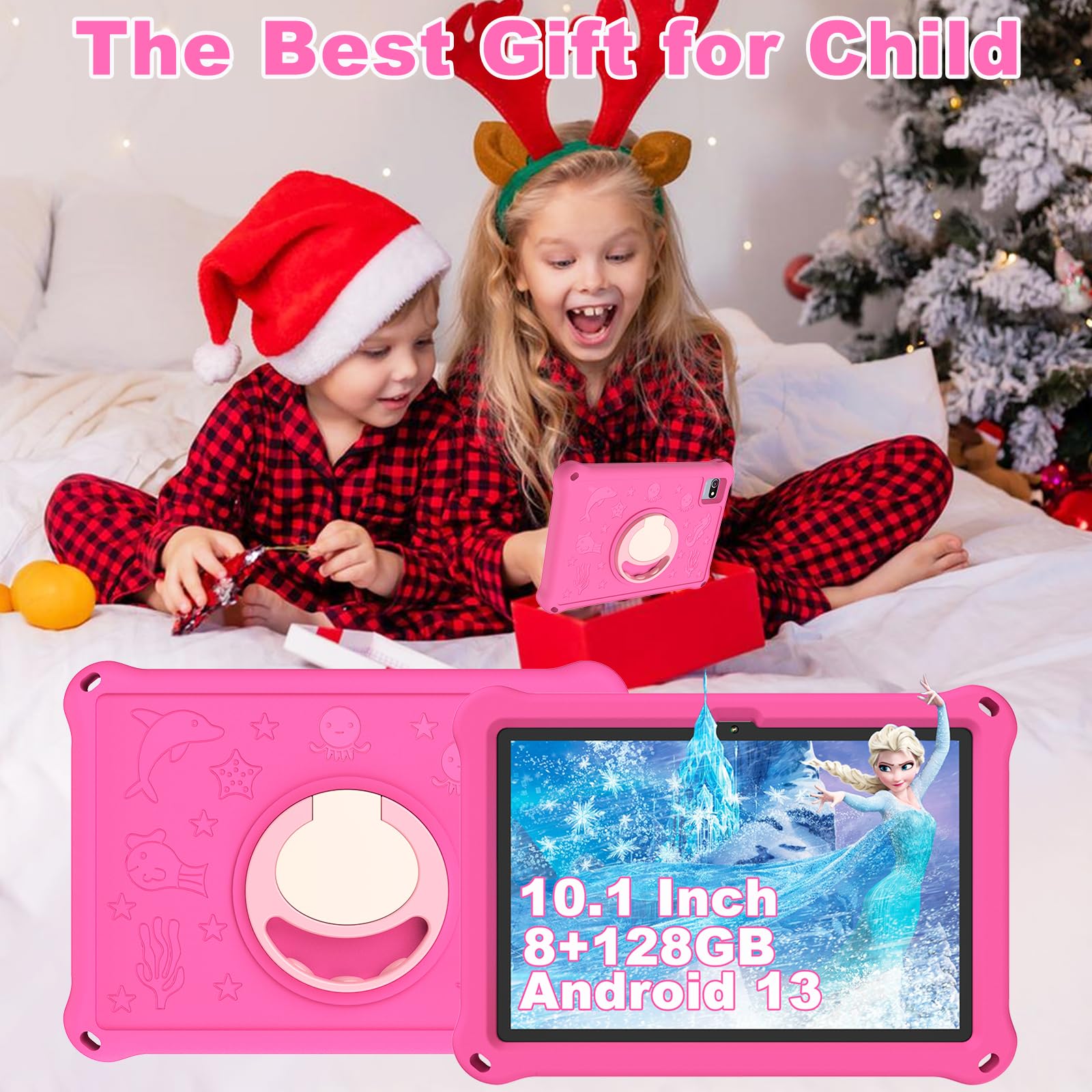 YUMBOT 10.1 Inch Android 13 Kids Tablet - WiFi & Bluetooth, 1280x800 HD Display, 8GB RAM 128GB Storage, Quad-Core Processor, 6000mAh Battery, Dual Camera with Parental Controls - Perfect for Learning & Entertainment for Kids Ages 3-14