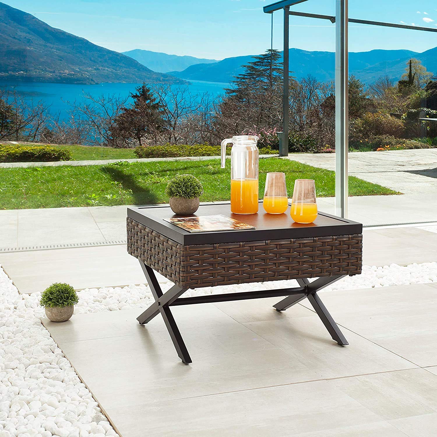 Romayard Outdoor Side Coffee Table - Patio Rattan Wicker Bistro Table with X-Leg Design - Perfect for Garden, Balcony & Poolside Relaxation