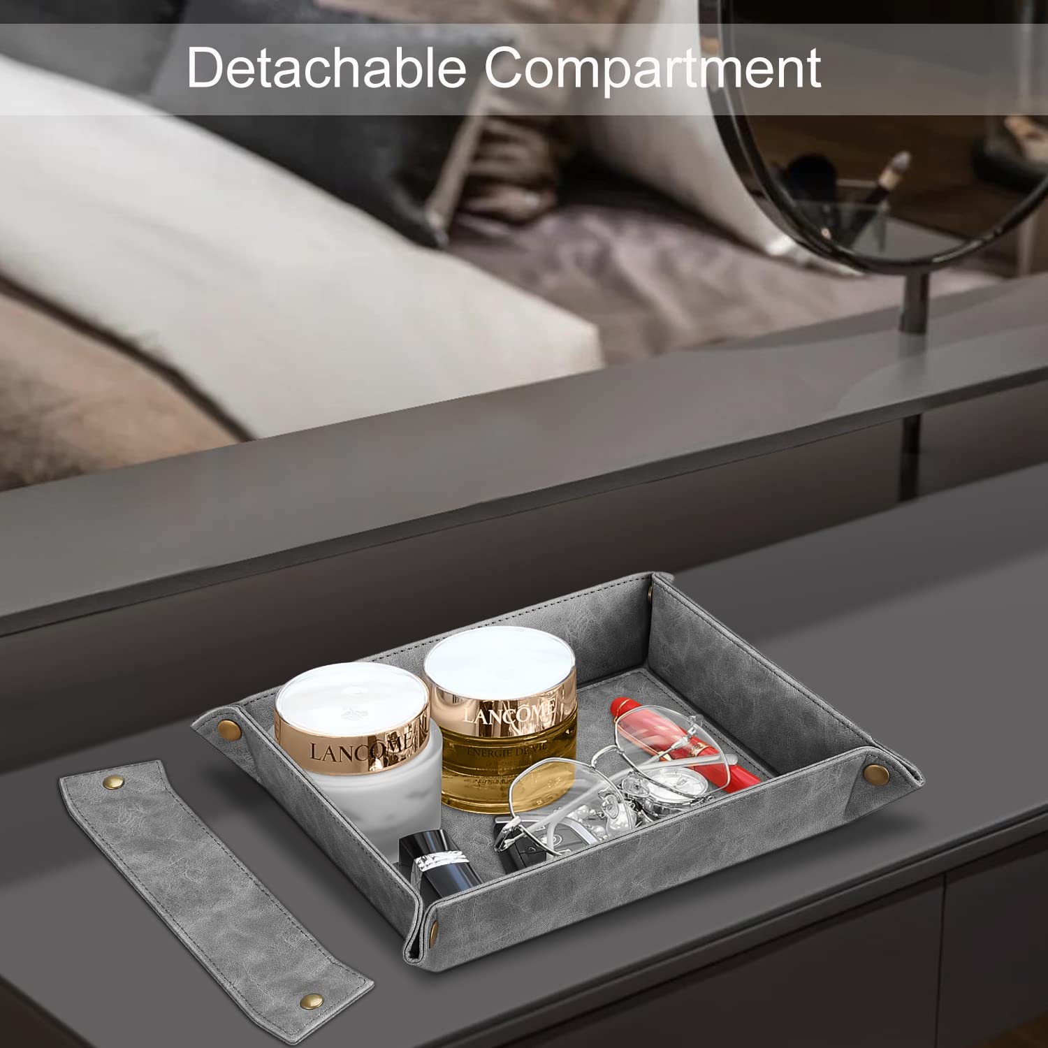 SITHON Valet Tray with Removable 2 Compartments - Desk Organizer, Nightstand Caddy & Vanity Catchall Tray for Jewelry, Keys, Wallet - Perfect for Bedroom, Office & Entryway Storage (Gray)