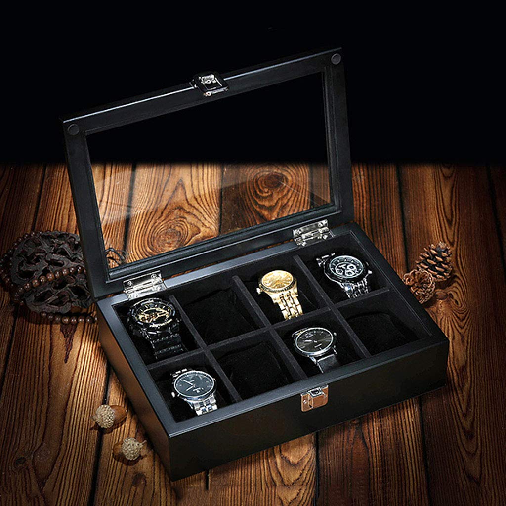 Premium Wooden Watch Box with Glass Top - 8 Watch Storage Organizer, Lockable Metal Buckle Jewelry Case for Men & Women | Perfect for Watch Collectors, Travel & Gift Giving