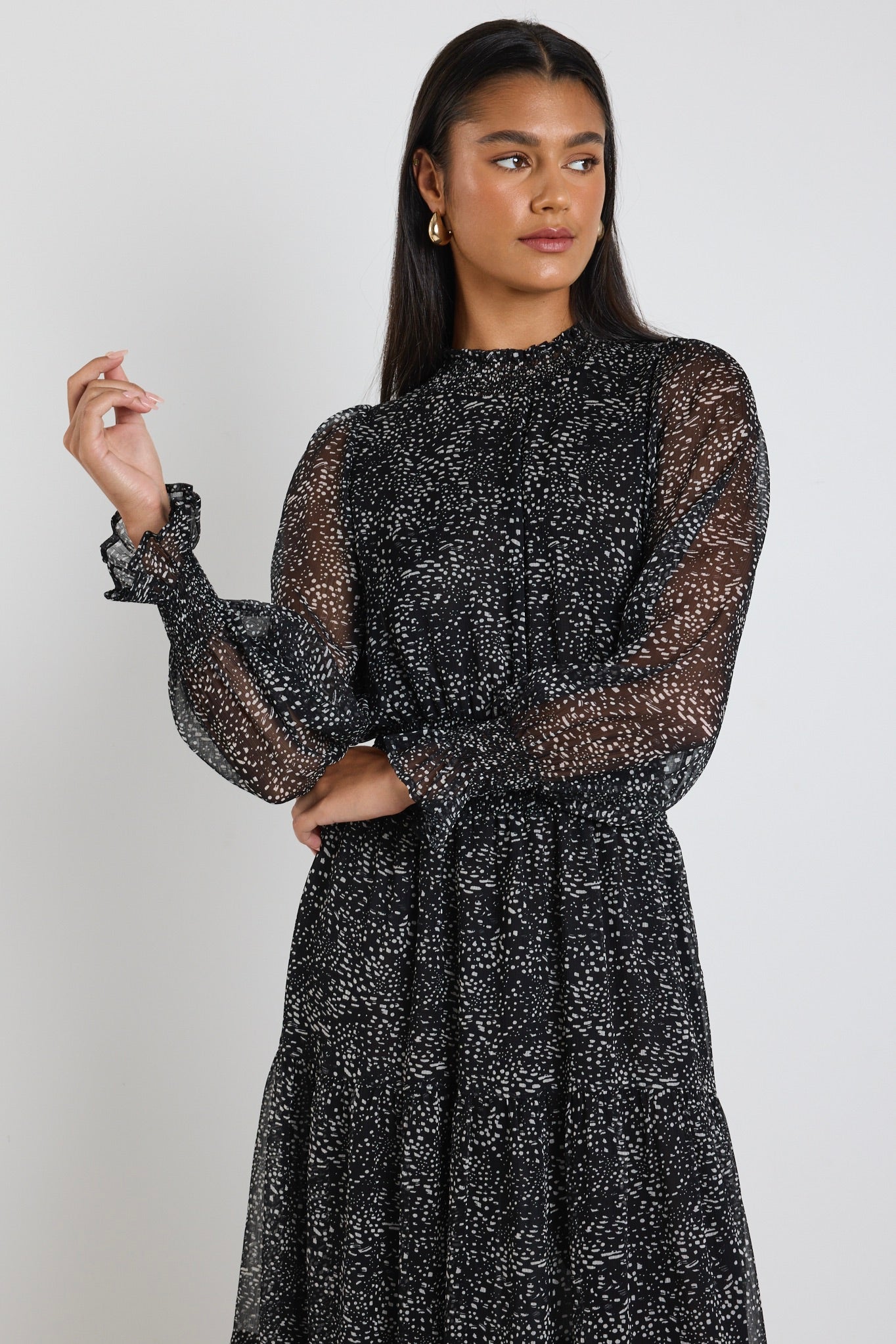 Elegant Ebony Black Grey Spot Long Sleeve Shirred Neck Midi Dress for Women | Perfect for Office Wear, Cocktail Parties & Special Occasions