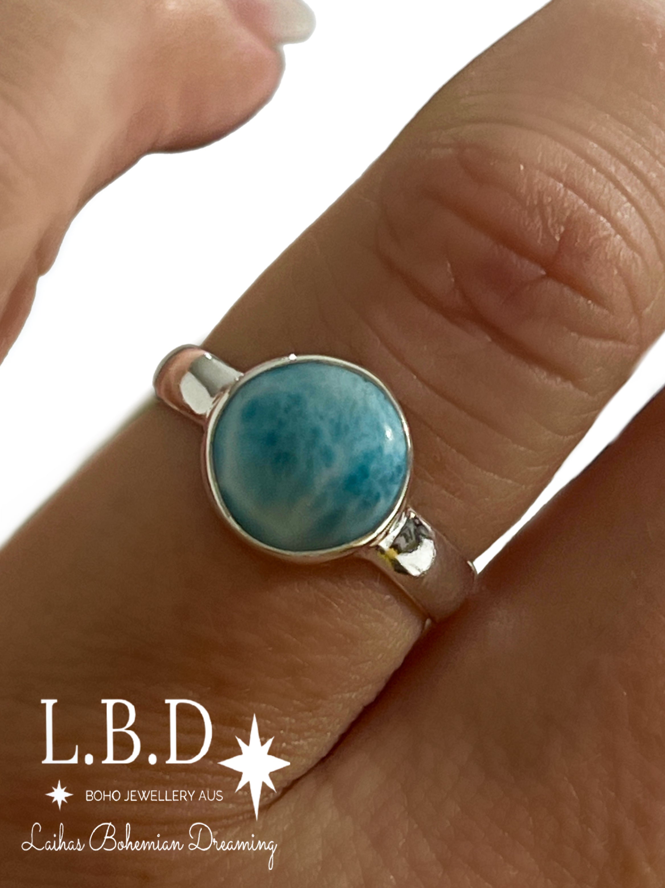 Laihas Casual Summer Larimar Ring - 10mm Round Blue Gemstone Jewelry for Women - Perfect for Beach Vacations, Weddings & Everyday Wear