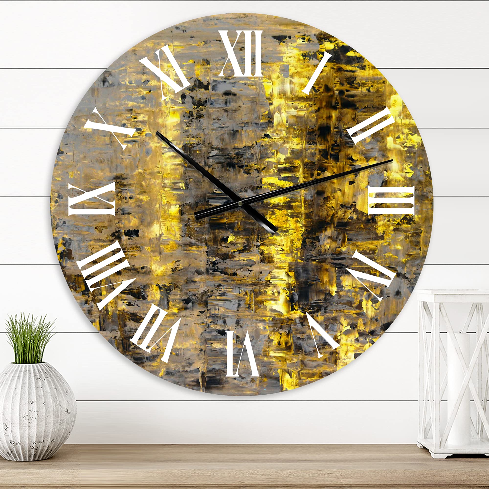 Modern Abstract Wall Clock - Yellow Meets Grey Fractal Art Design | Large Contemporary Wall Decor for Living Room, Bedroom & Office | Silent Non-Ticking Home Décor