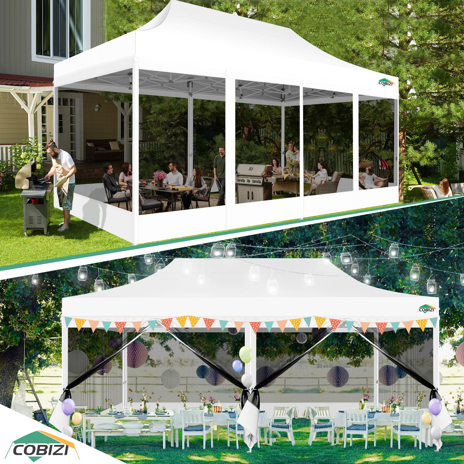 COBIZI 10x20 Heavy Duty Pop Up Canopy Tent with 6 Sidewalls & Mosquito Net - Easy Setup Outdoor Shelter for Parties, Backyard Events & Camping - Includes Roller Bag (White)
