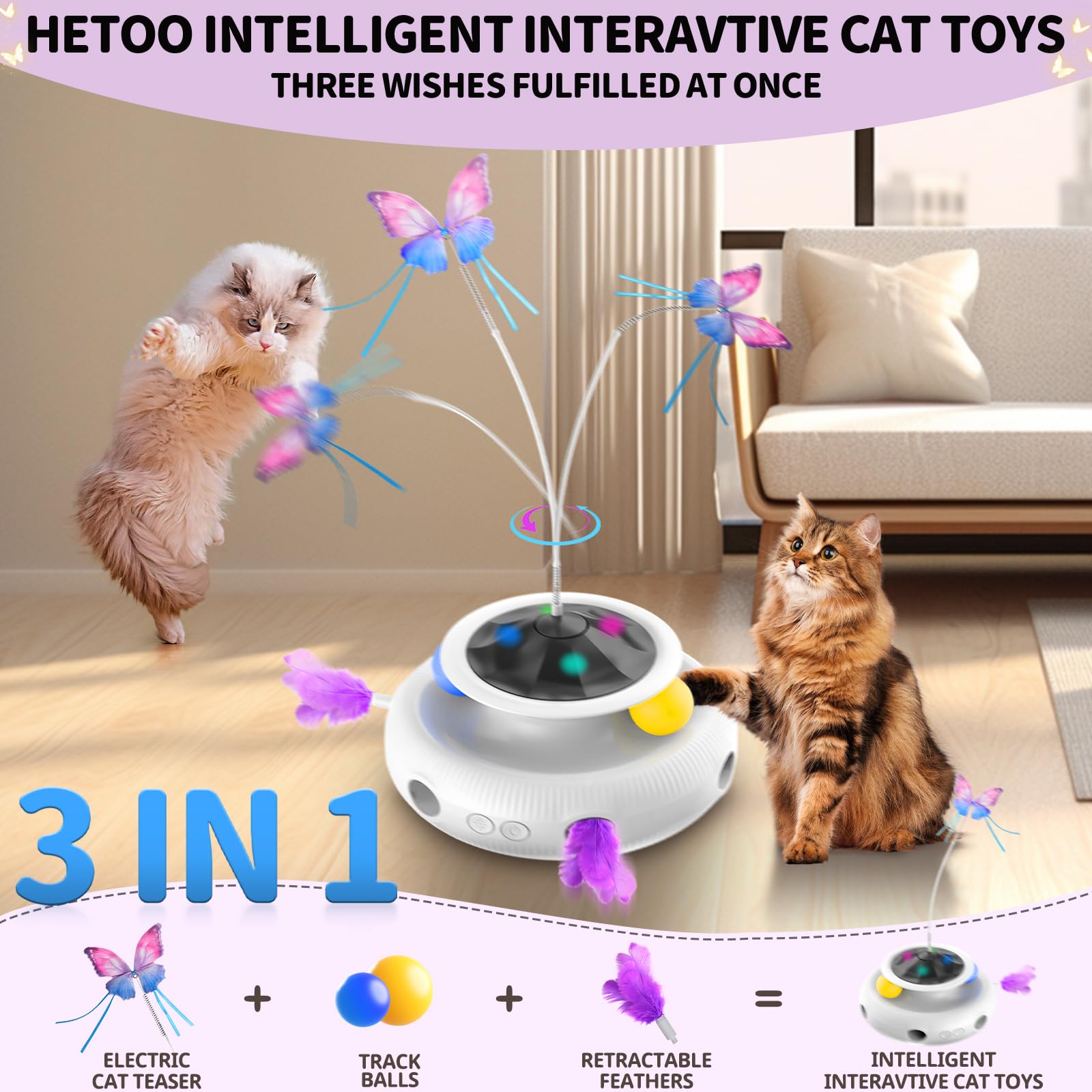 HETOO 3-in-1 Interactive Cat Toy with Feather Track Balls, Fluttering Butterfly & Moving Ambush Feather - USB Rechargeable Kitten Toy for Indoor Cats of All Breeds - Perfect for Exercise, Playtime & Mental Stimulation