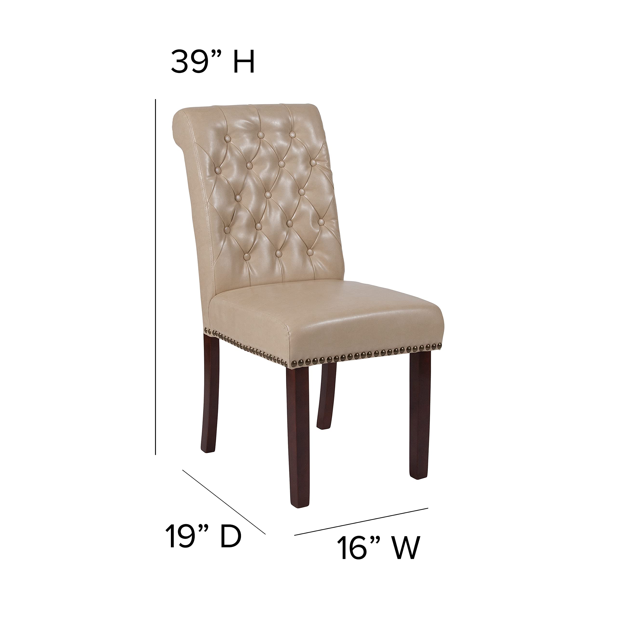 2 Pack Beige LeatherSoft Parsons Chairs with Rolled Back, Accent Nail Trim & Walnut Finish - Elegant Dining Room & Home Office Seating for Restaurants, Events & Home Decor