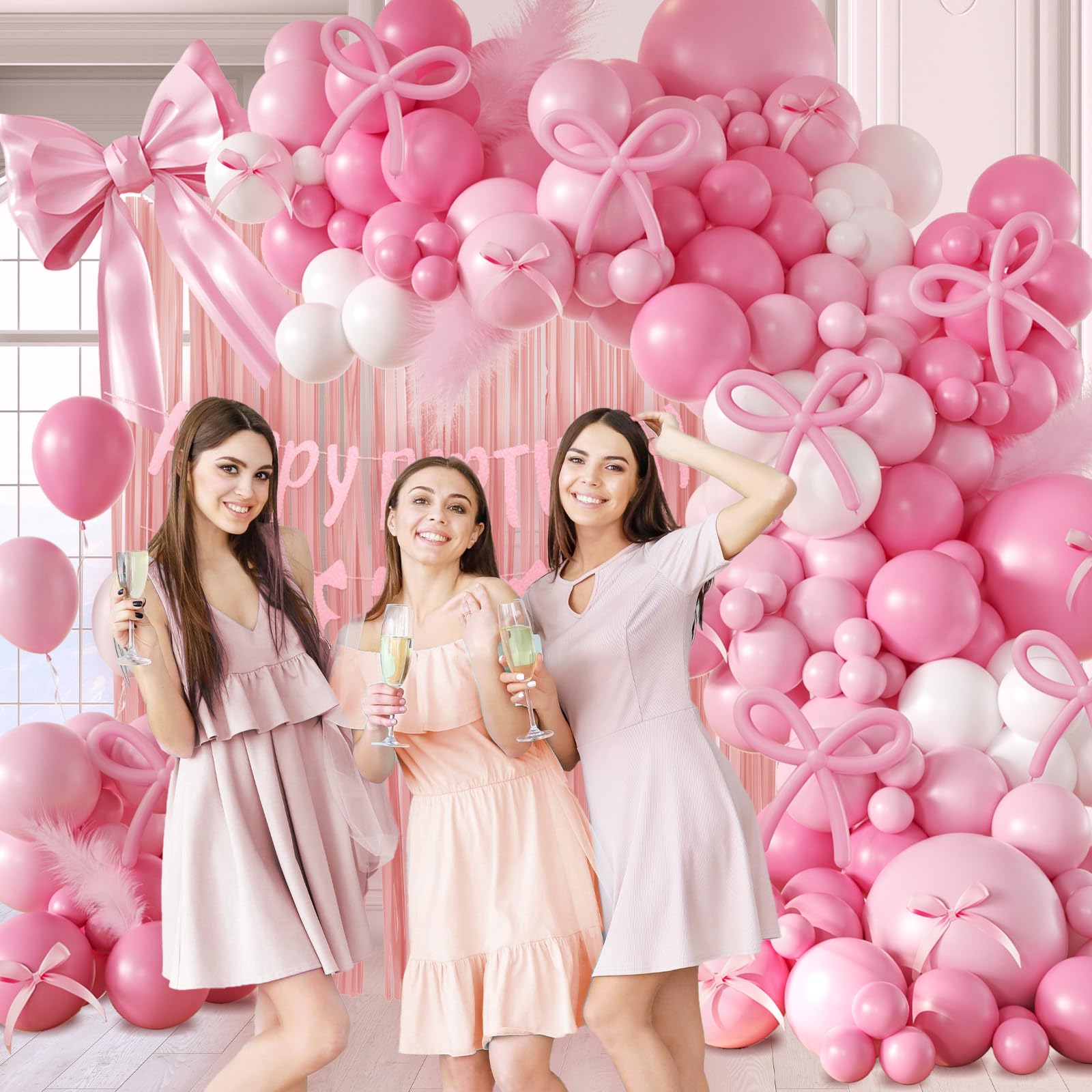Elegant Coquette Pink Birthday Decorations for Adults & Women - White & Light Pink Long Balloons, Bow Banner, Fringe Curtains - Perfect for Bow Parties, Birthday Celebrations & Girly Events