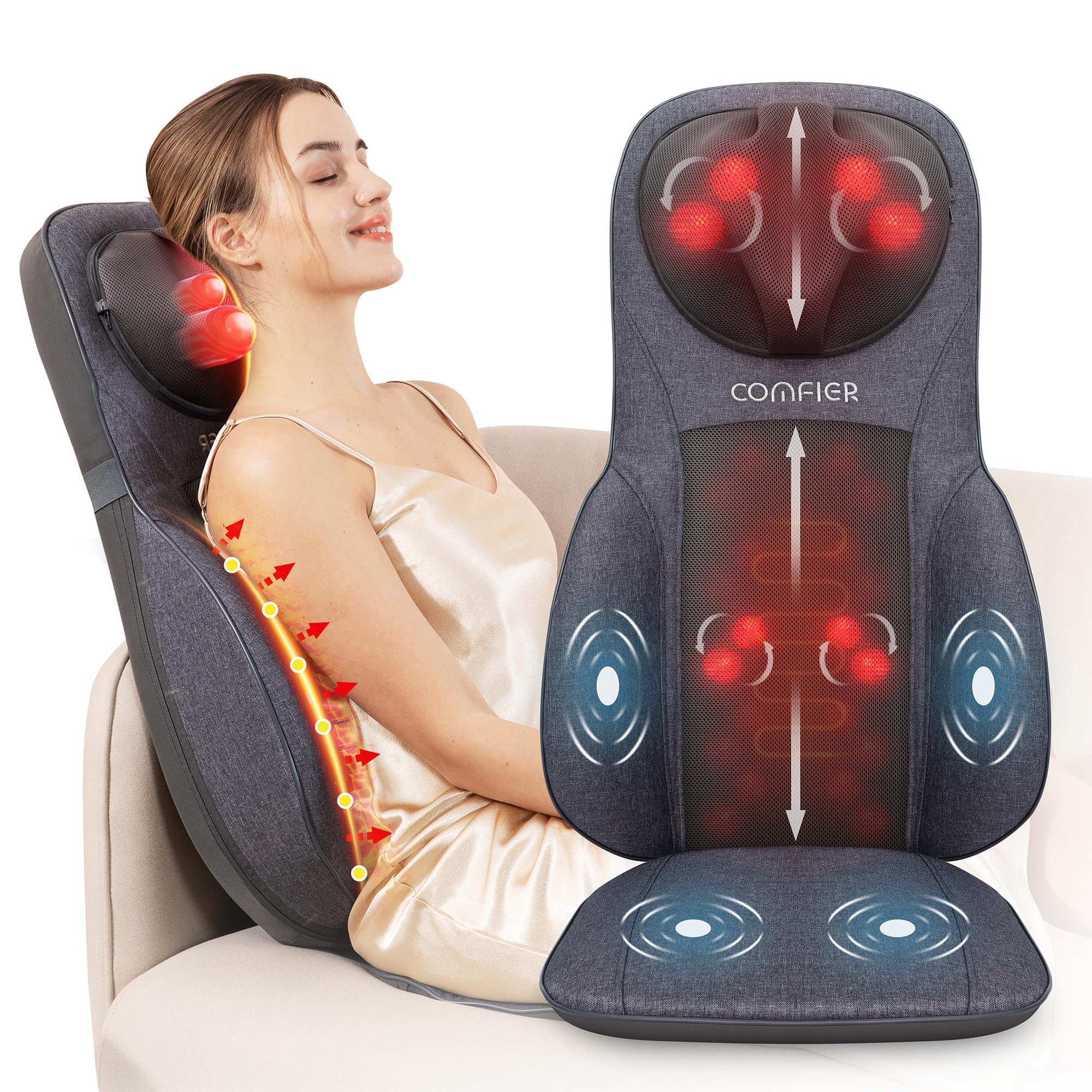 COMFIER Shiatsu Neck and Back Massager with Heat - Adjustable Chair Massage Cushion for Shoulder & Spine Support - Perfect Gift for Parents (Dad/Mom) - Home & Office Relaxation - Gray