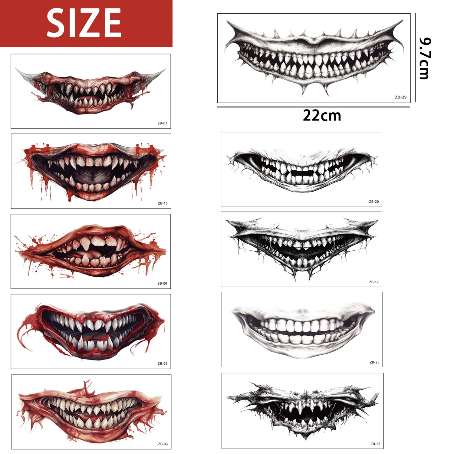 KEELYY 10 Pack Halloween Mouth & Skeleton Temporary Tattoos - Creepy Face Tattoos for Halloween Makeup, Parties, Carnival & Day of the Dead - Perfect for Costumes, Scary Dress Up & Spooky Events