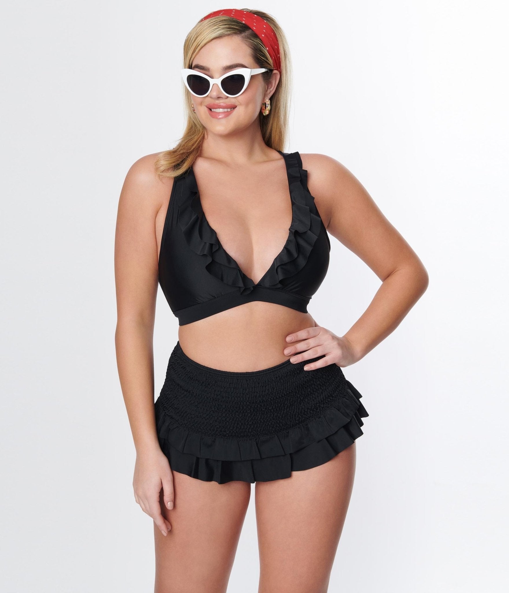 Vintage Black Smocked Ruffle Swim Bottom - Retro High Waisted Bathing Suit Bottoms for Women, Beach Vacation & Pool Party Swimwear