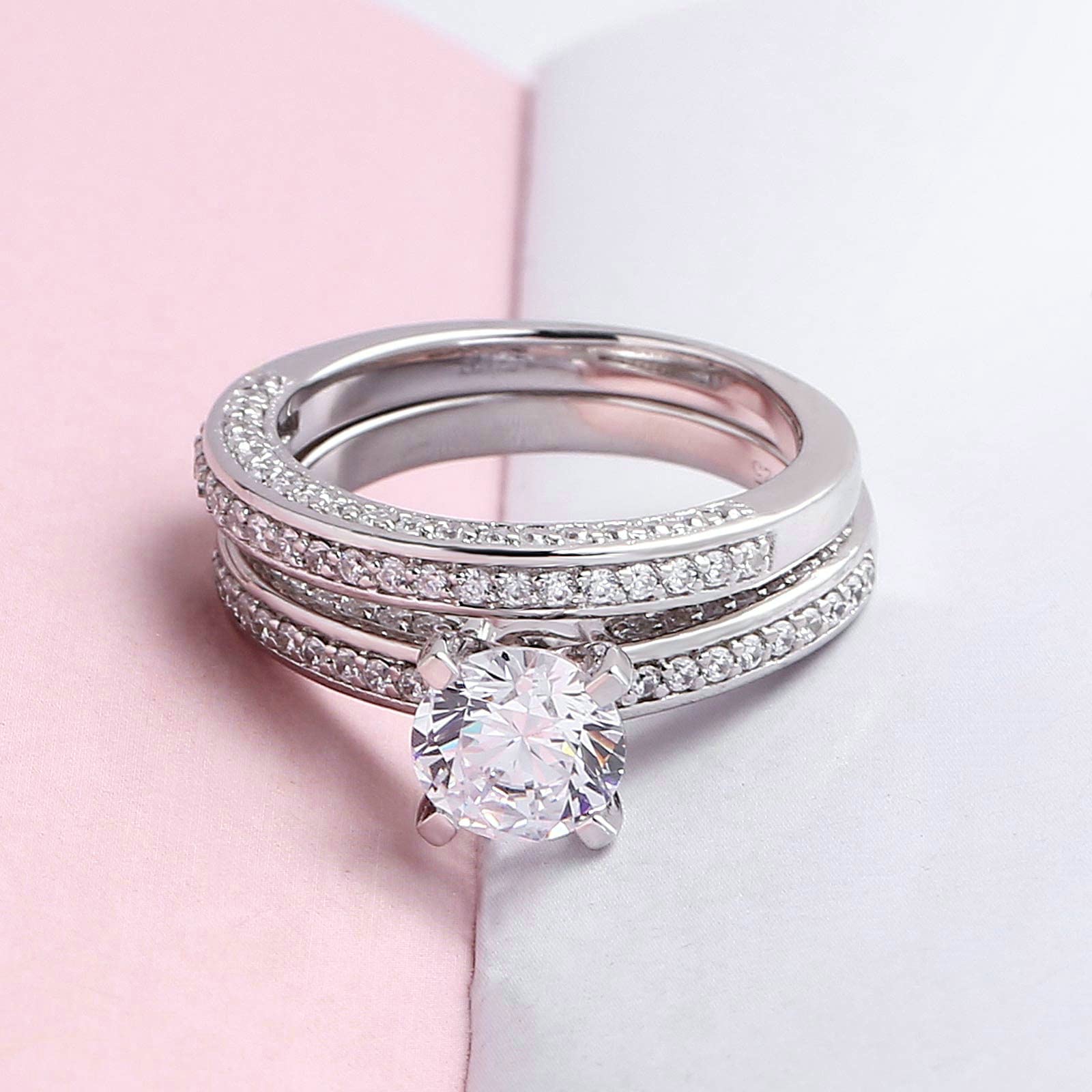 Gualiy Sterling Silver Band Rings for Women - Wedding & Marriage Rings Set with Round Cubic Zirconia (2Pcs, Size 4-11) | Perfect for Engagement, Anniversary & Everyday Wear