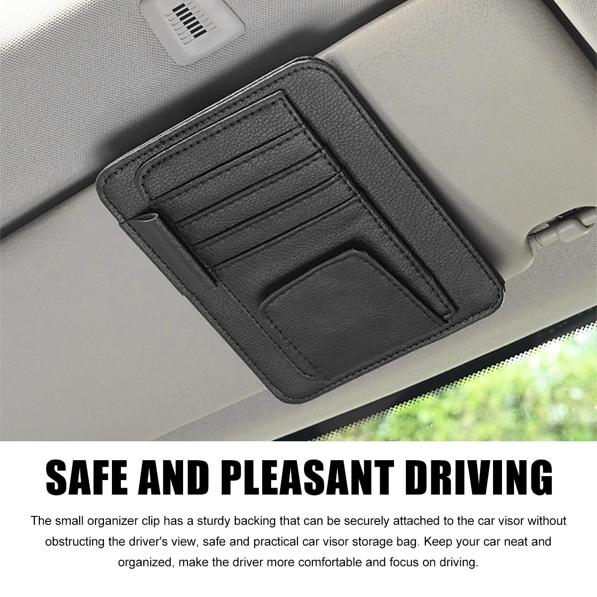 Premium Car Sun Visor Organizer - Waterproof Leather Storage Clip with Sunglasses Holder | Universal Vehicle Accessory for Glasses, Cards & Small Items | Perfect for Road Trips & Daily Commute (Black)