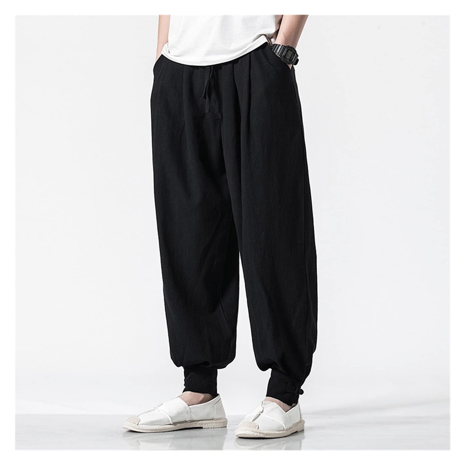 ZYKHD Men's Cotton Linen Casual Pants - Loose Fit Streetwear Joggers with Small Lantern Design | Comfortable Breathable Summer Pants for Outdoor Activities, Travel & Lounge Wear (Color A, Size 4XL)