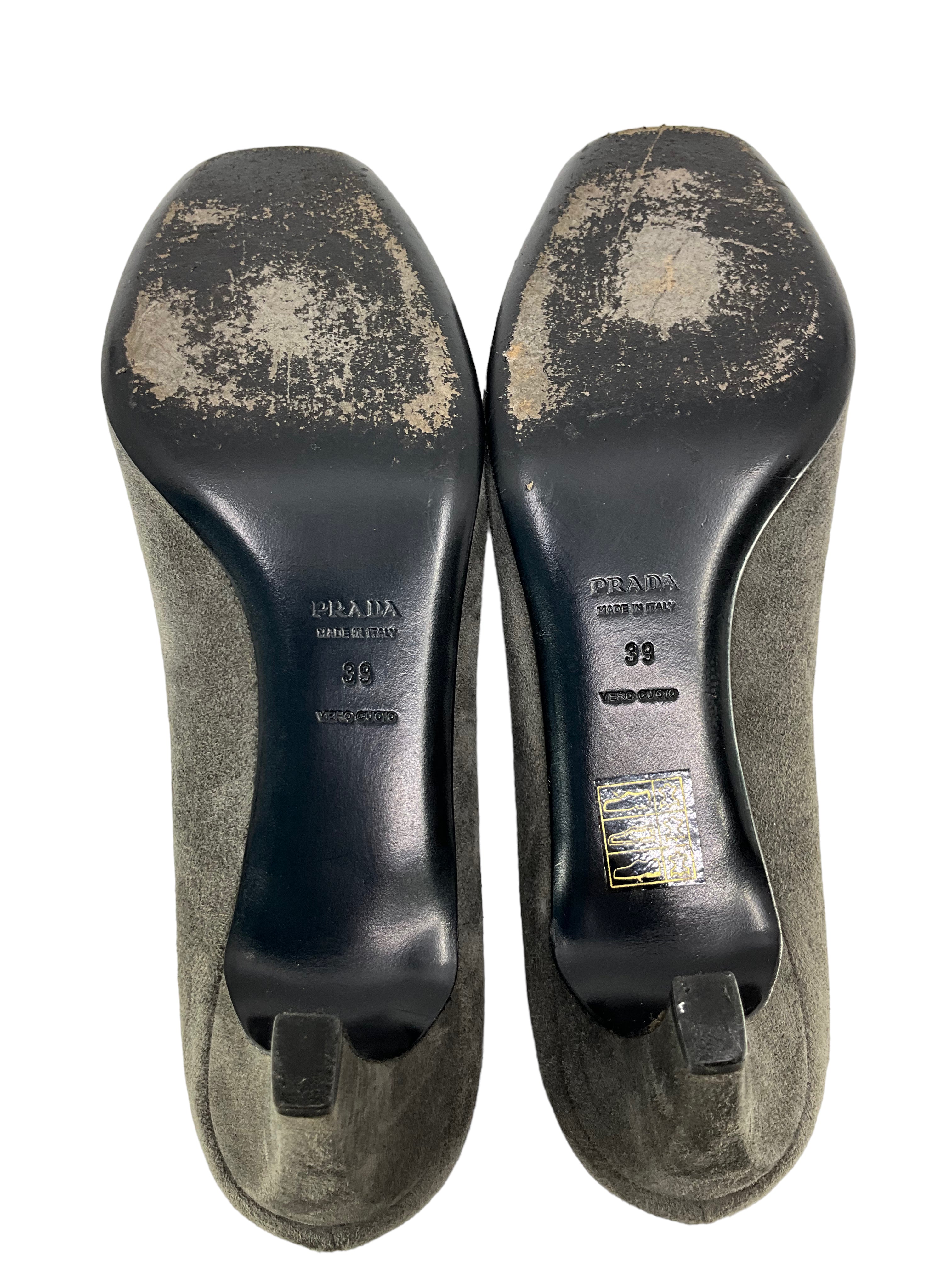 Prada Gray Suede Embellished Heels Women's Size 9 | Luxury Designer Pumps for Parties, Weddings & Formal Events