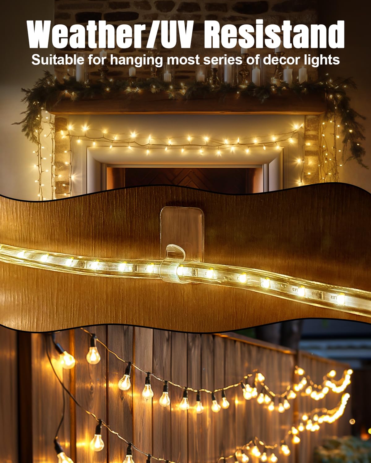 40 Pack Heavy Duty Outdoor Light Clips - Clear Rectangle Waterproof Hooks for String Lights, Rope Lights & Cables - Perfect for Patio, Garden, Deck & Backyard Lighting Organization