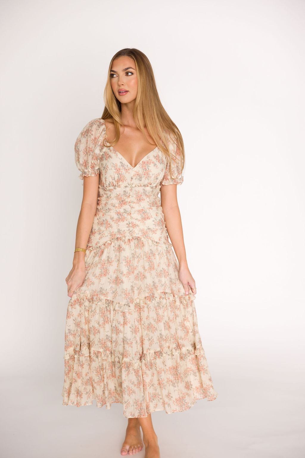 Jenna Ruffled Maxi Sundress in Cream/Multi Floral - Flowy Summer Dress for Beach, Vacation & Casual Wear | Women's Boho Chic Dress with Ruffle Details
