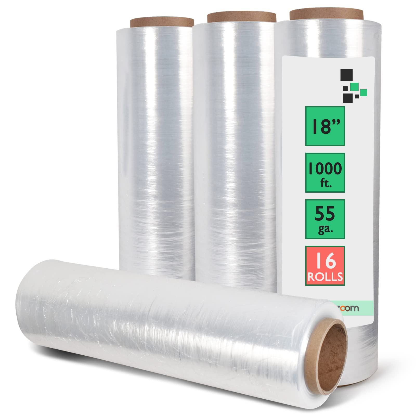 18” Stretch Wrap Film 16 Rolls x 1000 Ft - Industrial Strength Clear Plastic Shrink Wrap for Moving, Packing & Storage | Heavy Duty 55 Gauge Adhesive Wrap for Boxes, Furniture & Pallet Securing | Ideal for Home Moving, Warehouse Shipping & Retail Packaging