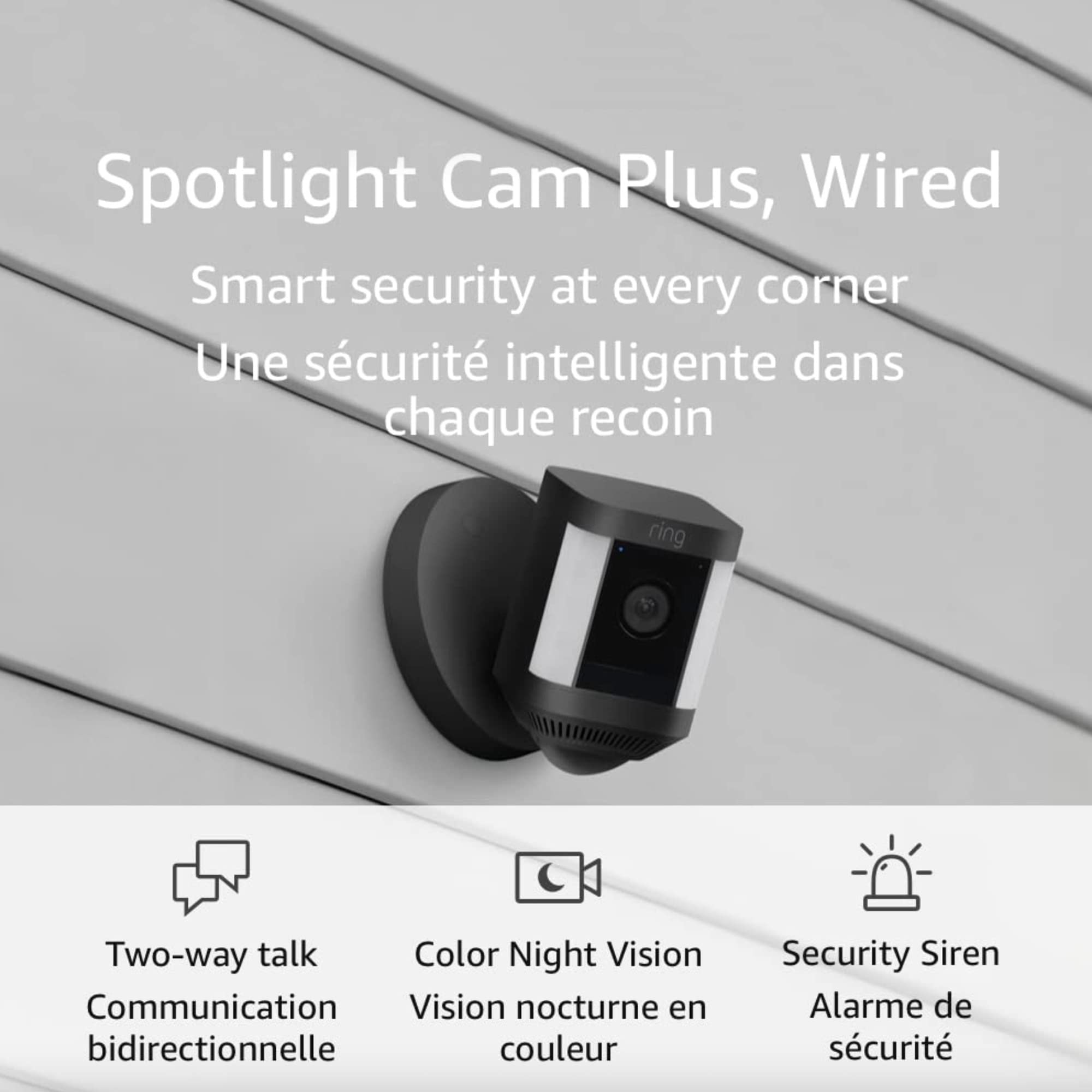 Ring Spotlight Cam Plus Wired Security Camera with Two-Way Talk, Color Night Vision & Alarm Siren - Black (2022 Model) | Outdoor Home Security, Burglar Deterrent, Night Monitoring