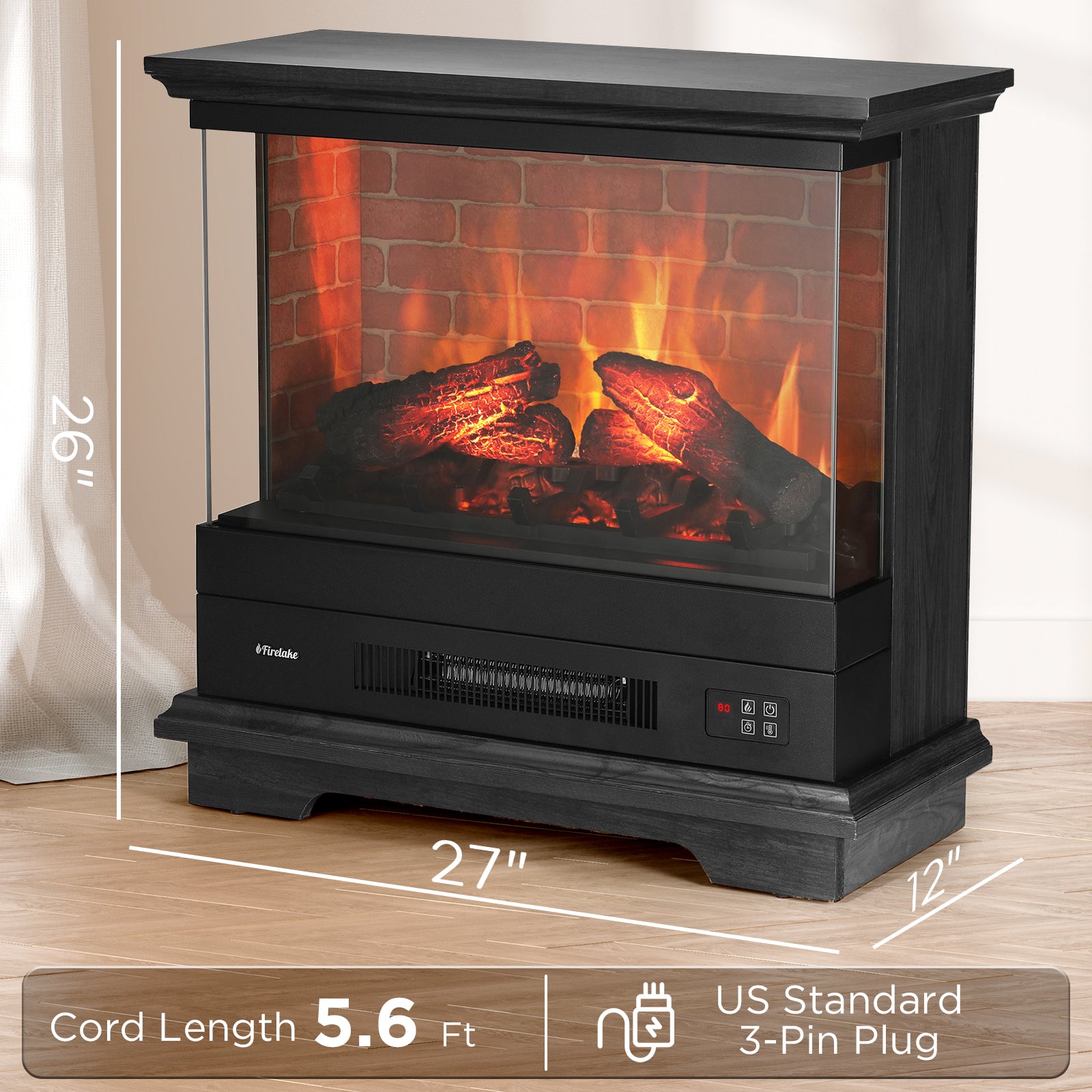 Firelake FL27 BW Electric Fireplace Heater with Mantel - Realistic Flame Effect, 1500W Portable Space Heater for Living Room, Bedroom & Office - Energy Efficient & Safe Home Heating Solution