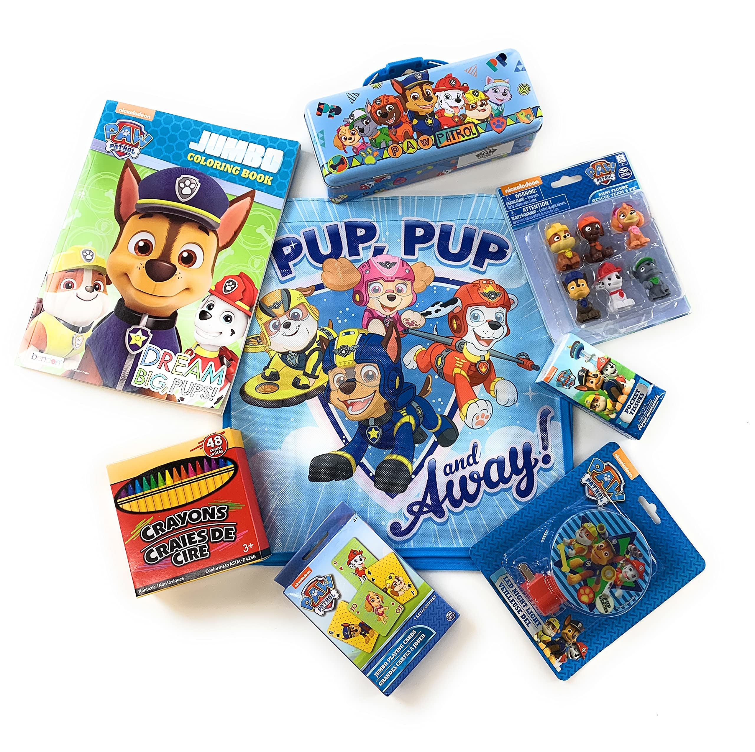 Nickelodeon Paw Patrol 7-Piece Gift Set - Tote Bag, Storage Tin, Coloring Book, Markers, Playing Cards & Night Light with Ryder & Dogs | Perfect for Kids Birthday, Party Favors & Holiday Gifts