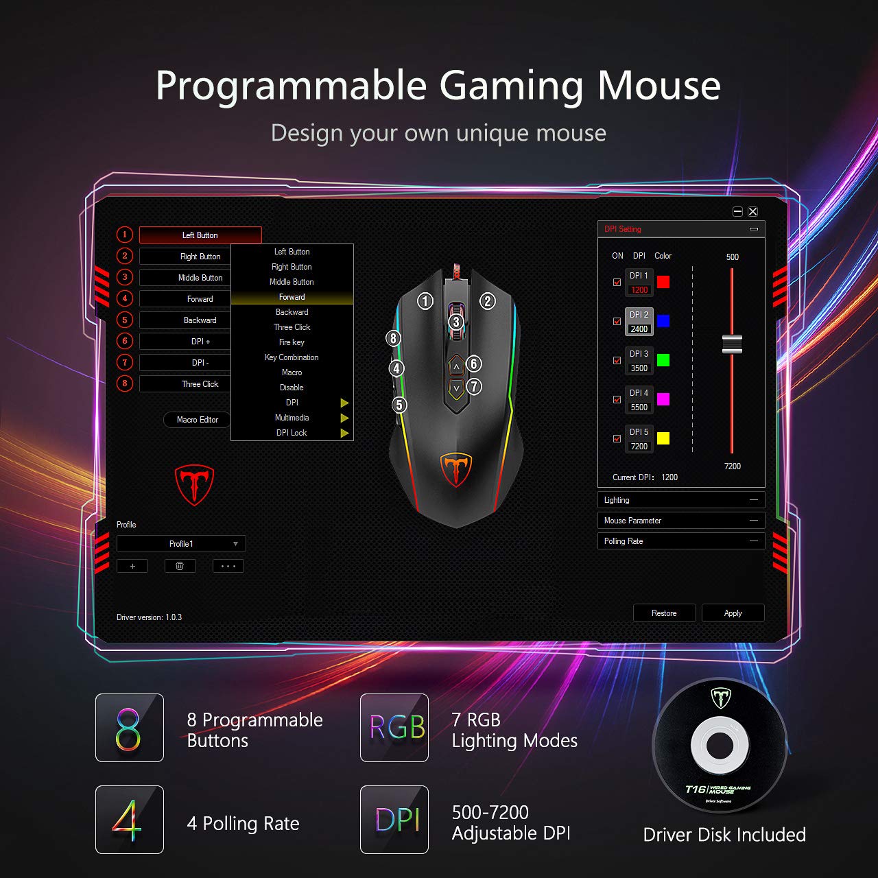 Vollion RGB Gaming Mouse Wired - 8 Programmable Buttons, Chroma RGB Backlit, 7200 DPI Adjustable, Ergonomic Optical PC Gaming Mouse with Comfortable Grip & Shutton Button (Black) - Perfect for FPS, MOBA & MMO Games on PC & Laptop