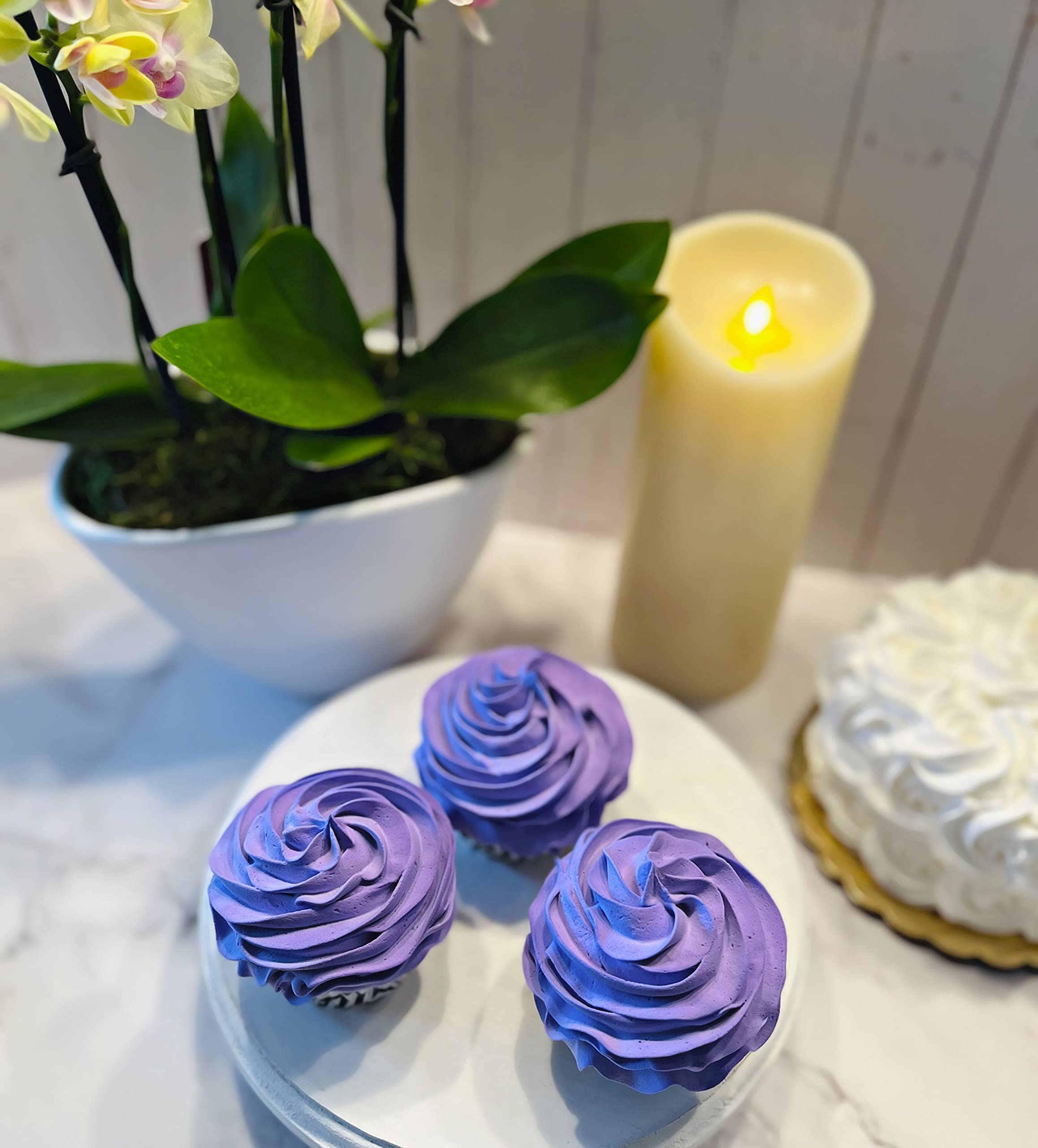 Artificial Fake Cupcakes & Cake Decorations - Set of 3 Lavender Purple Faux Cakes for Display - Home & Kitchen Decor, Party, Wedding, Dessert Table Centerpiece - Realistic Fake Food for Cake Plates & Dessert Displays