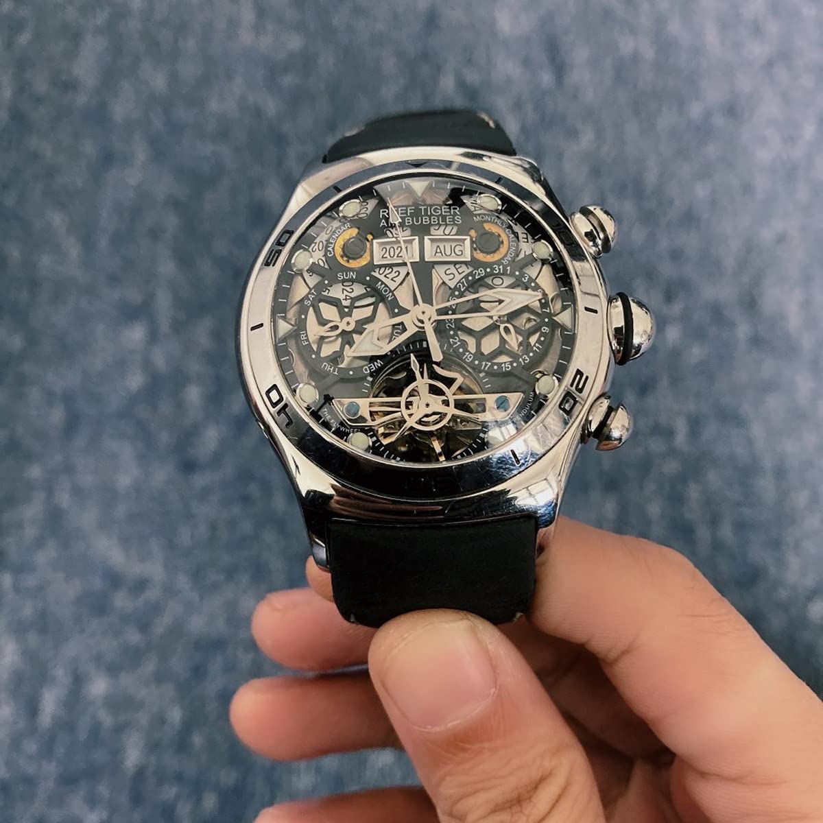 REEF TIGER Men's Black Skeleton Dial Steel Tourbillon Sport Watch RGA703 - Perfect for Outdoor Adventures, Gym Workouts & Business Casual Wear