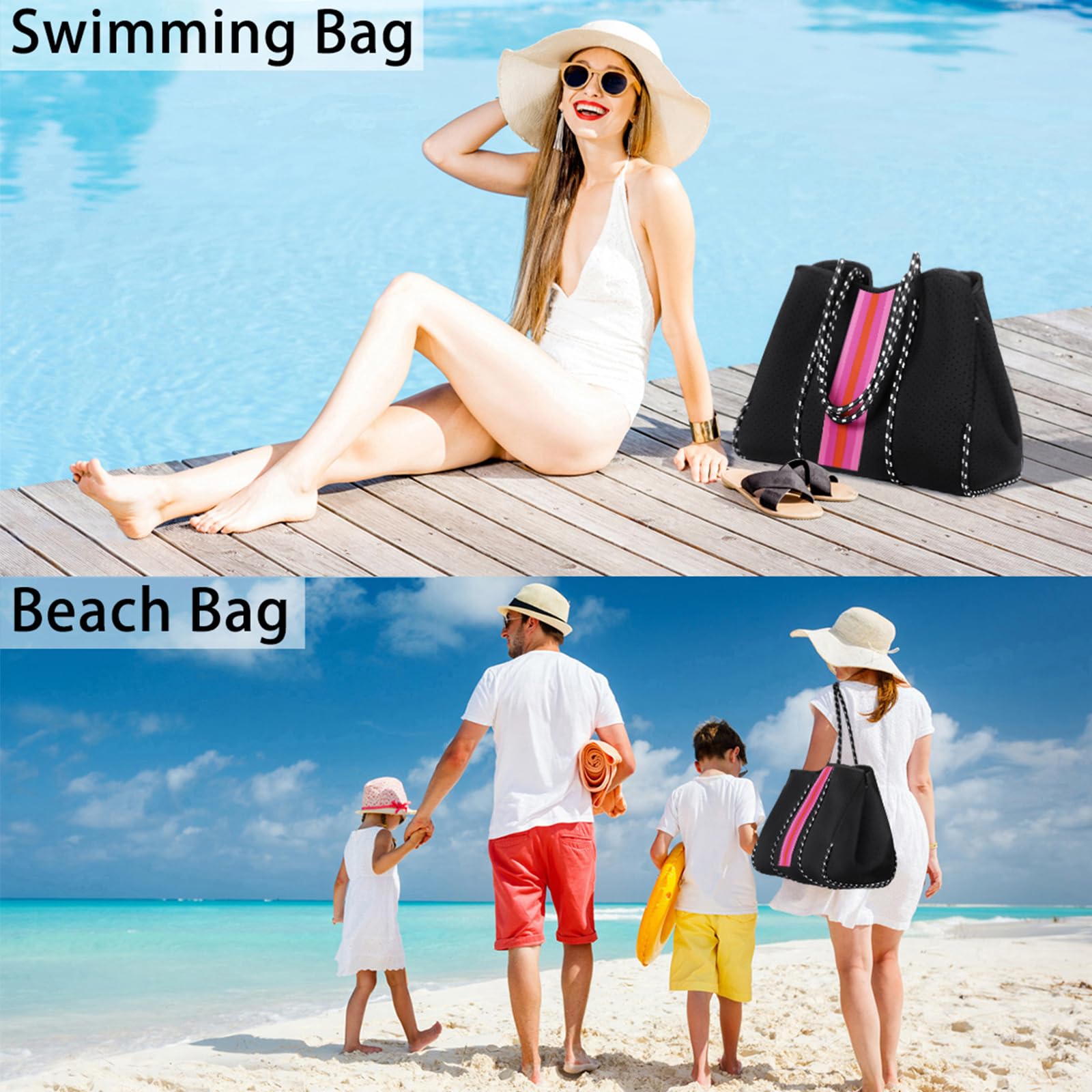IBFUN Large Neoprene Tote Bag - Waterproof Multipurpose Beach Bag for Women with Inner Pocket | Perfect for Pool, Gym, Travel & Shopping