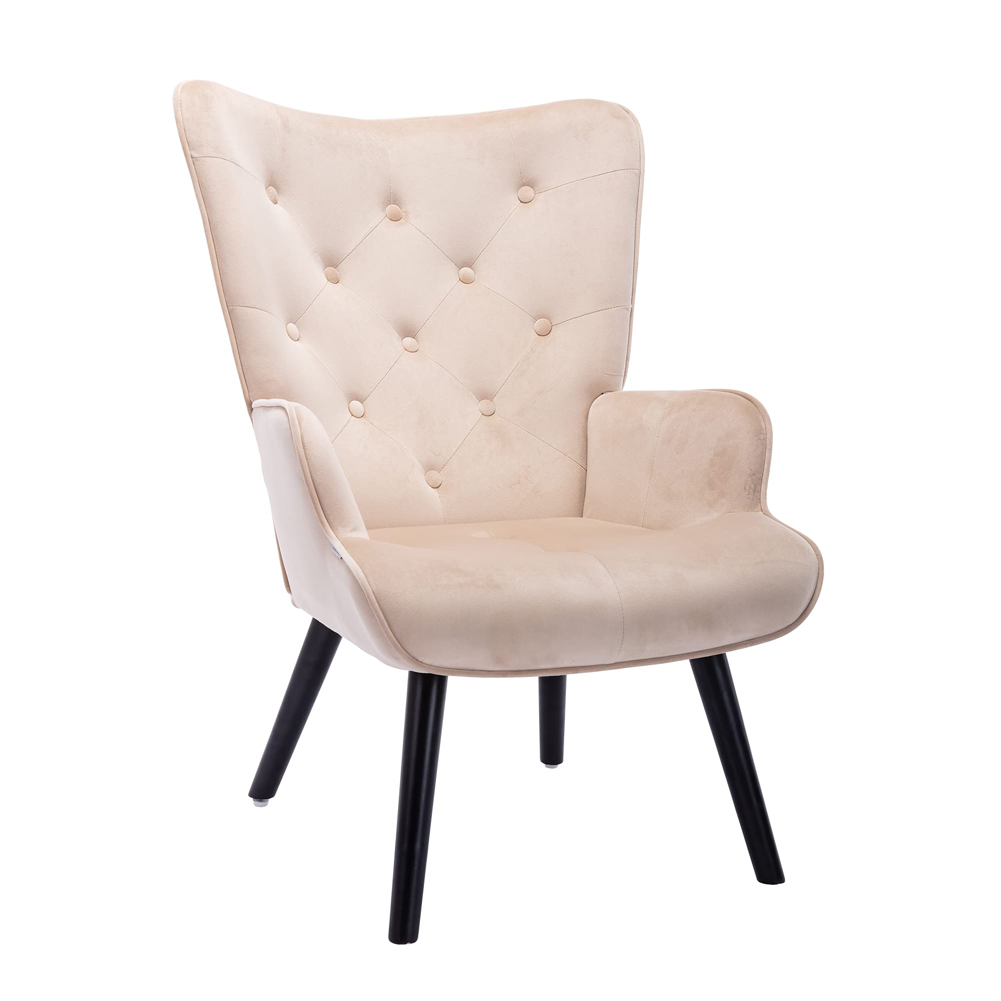 Velvet Accent Chair - Modern Tufted Button Wingback Vanity Chair with Arms, Upholstered Tall Back Desk Chair with Solid Wood Legs for Living Room, Bedroom & Office - Perfect for Reading Nooks, Dressing Areas & Waiting Rooms (Beige)