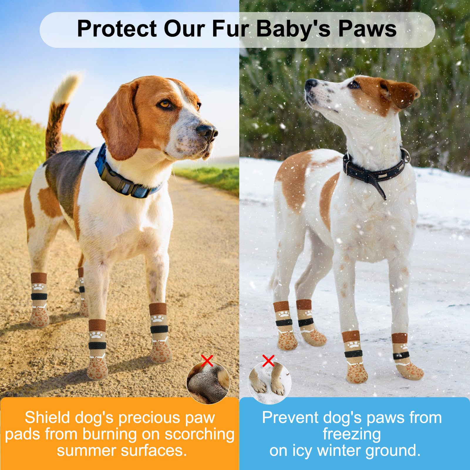 BEAUTYZOO Anti-Slip Dog Socks for Small Dogs - Winter Reflective Paw Protectors for Hardwood Floors, Senior Dogs & Cold Weather - Non-Licking Pet Booties (Khaki) - Perfect for Indoor Use, Outdoor Walks & Snowy Conditions
