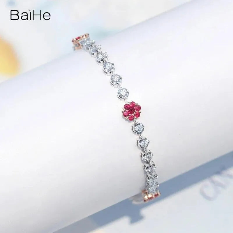 14K White Gold Natural Ruby & Diamond Flower Bracelet for Women - Elegant Wedding Gift & Fine Jewelry - Perfect for Bridal, Anniversary, and Special Occasions